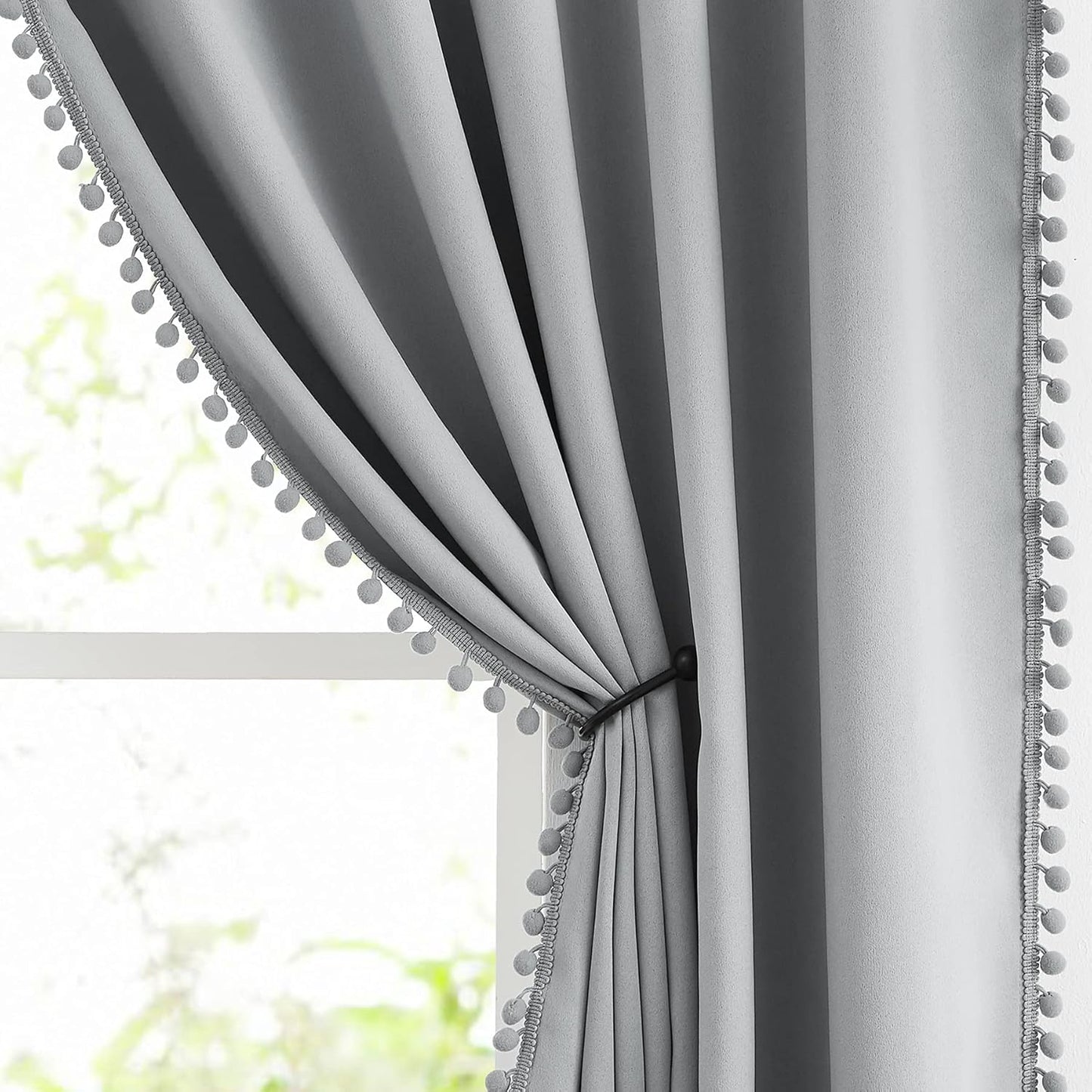 Pink Blackout Curtains with Sheer Overlay for Bedroom, Mix & Match Double Layer Pom Pom Curtains for Girl Nursery, Living Room, Rod Pocket Thermal Insulated Window Panels with Tiebacks 52W X 84L, 2pcs