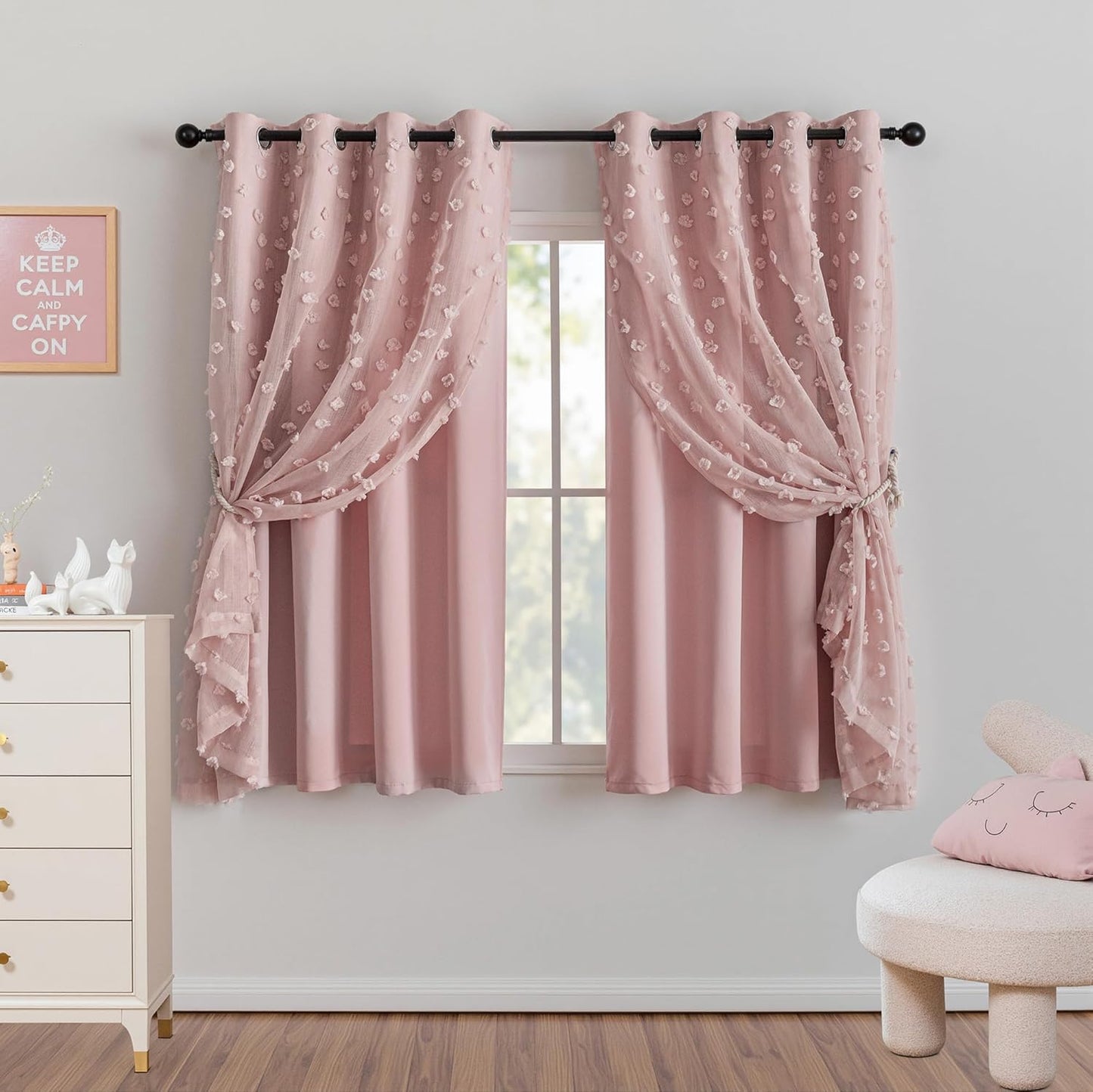 MYSKY HOME Pink Curtains for Girls Bedroom 84 Inches Long Blackout Nursery Curtains Double Layer Pom Pom Sheer Overlay Kids Toddler Room Decor Grommet Privacy Room Darkening Window Drapes 52 x 84 Inch