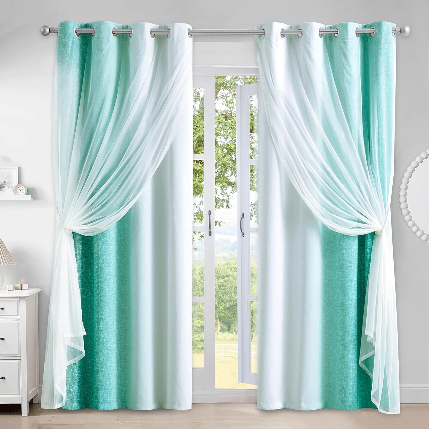 100% Blackout Curtains with Sheer Overlay Mix and Match Double Layer Drapes 84 Inch Long 2 Panels for Bedroom Living Room Pink White Ombre Grommet Window Treatment with Tiebacks