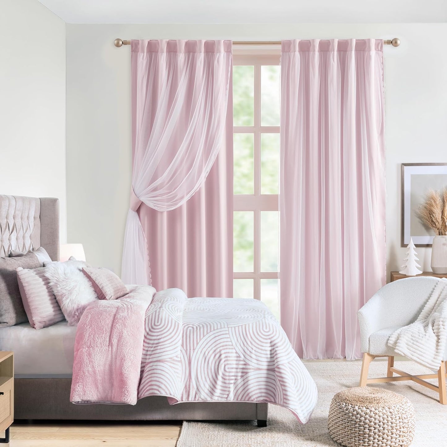 Bujasso Pink Blackout Curtains with Sheer Overlay Mix and Match Double Layer 80% Room Darkening Window Treatment Set for Girls Bedroom Pink Drapes with Tiebacks Rod Pocket Back Tab 37" Wx84 Lx2