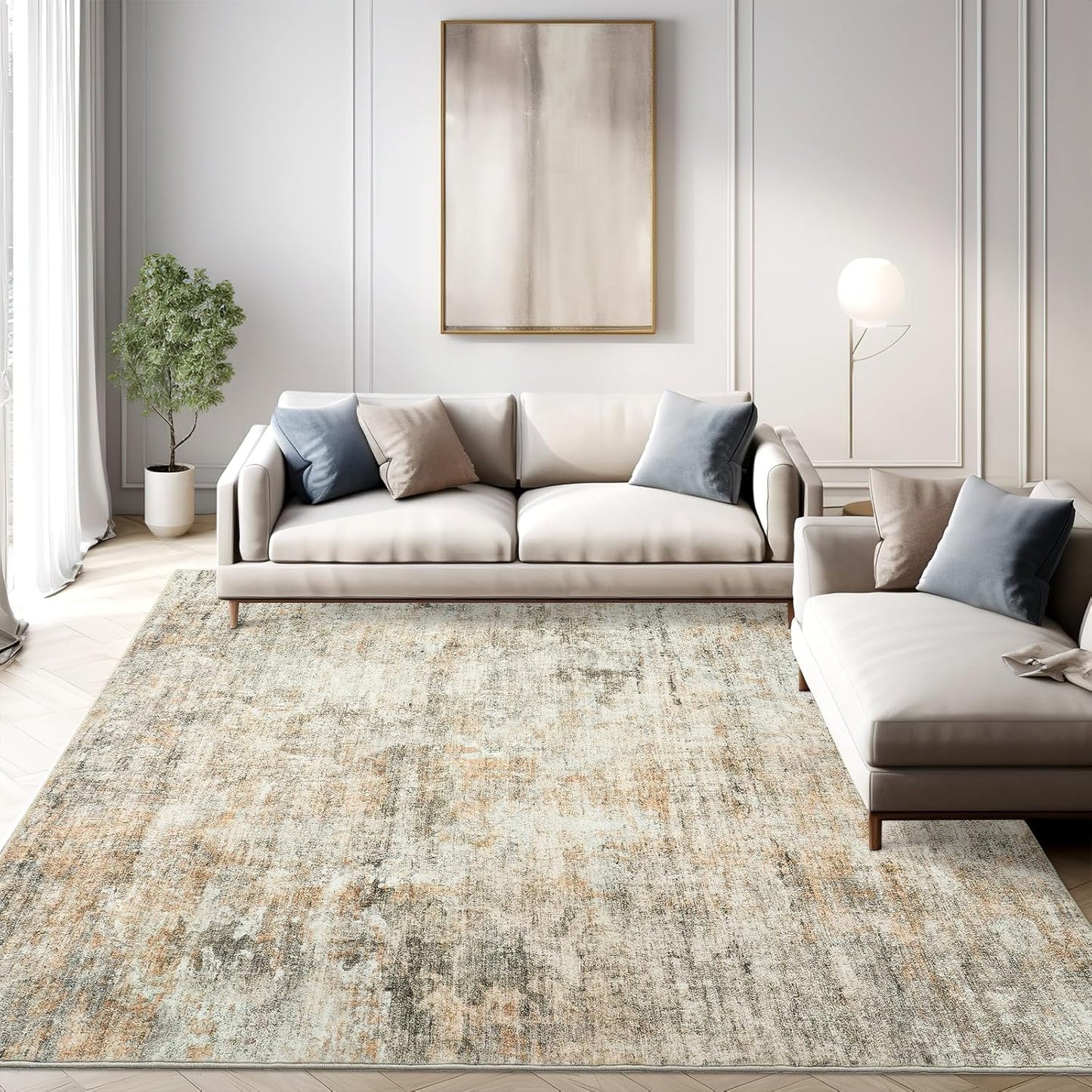 Washable Area Rug 8x10, Large Soft Rugs for Living Room Vintage Beige Carpet 8x10 Area Rugs for Bedroom Dining Room Non-Slip Stain Resistant Under Table Rug