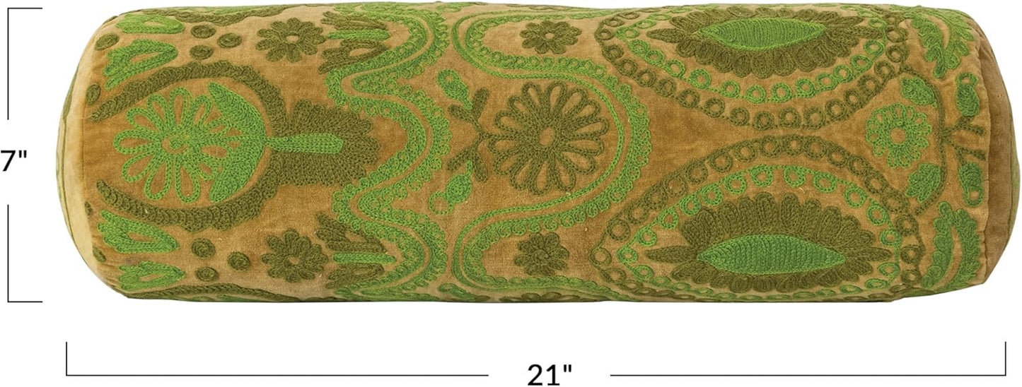 Creative Co-Op Cotton Velvet Embroidered Bolster Pillow, Green