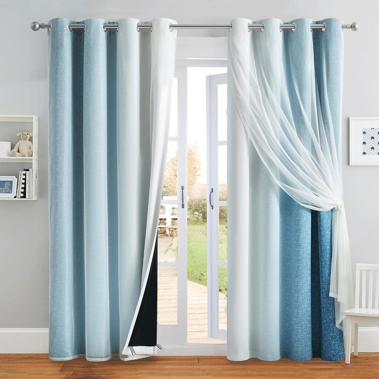 100% Blackout Curtains with Sheer Overlay Mix and Match Double Layer Drapes 84 Inch Long 2 Panels for Bedroom Living Room Pink White Ombre Grommet Window Treatment with Tiebacks