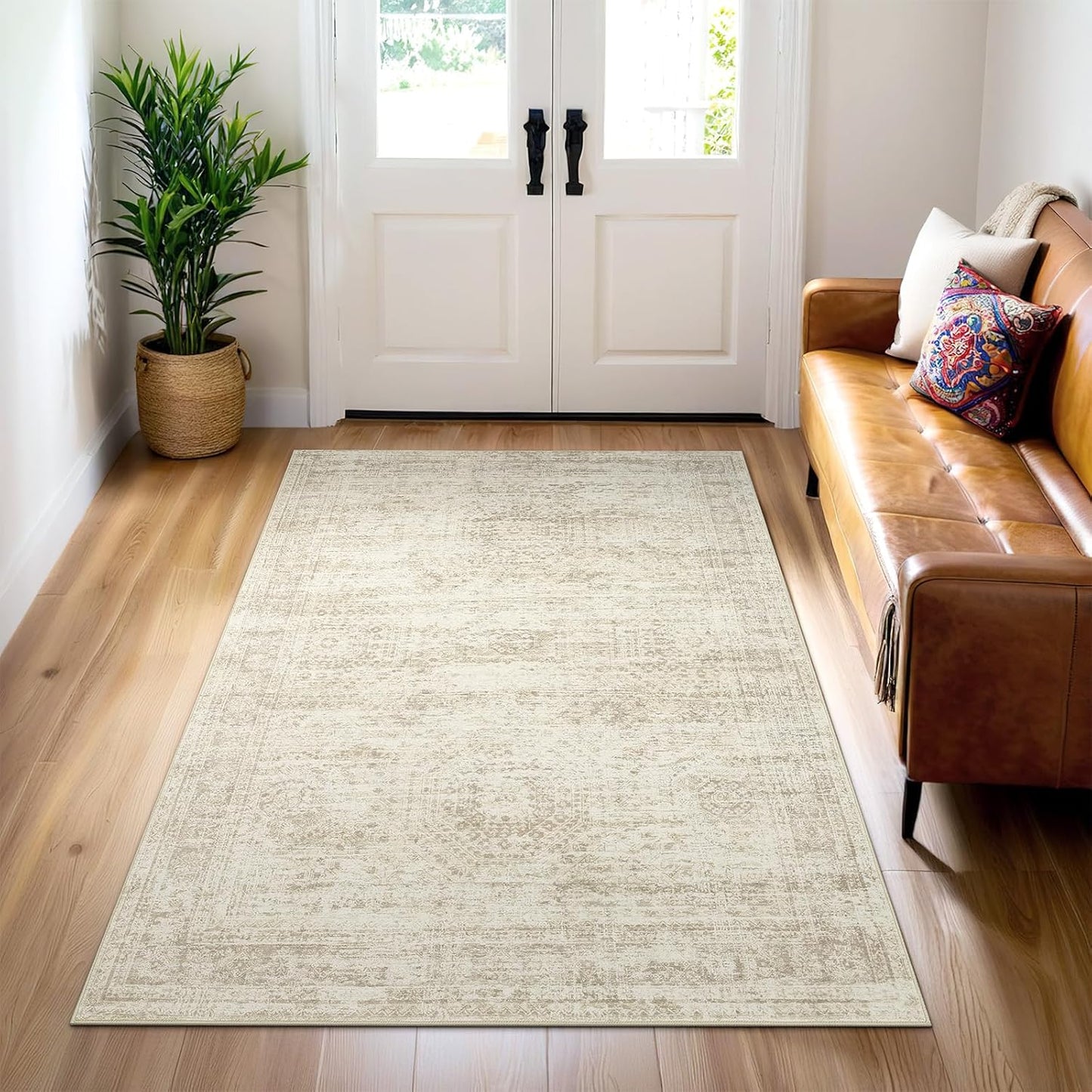 Washable Area Rug 8x10, Large Soft Rugs for Living Room Vintage Beige Carpet 8x10 Area Rugs for Bedroom Dining Room Non-Slip Stain Resistant Under Table Rug