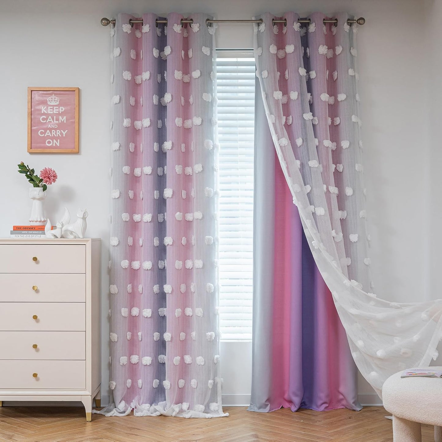 MYSKY HOME Pink Curtains for Girls Bedroom 84 Inches Long Blackout Nursery Curtains Double Layer Pom Pom Sheer Overlay Kids Toddler Room Decor Grommet Privacy Room Darkening Window Drapes 52 x 84 Inch