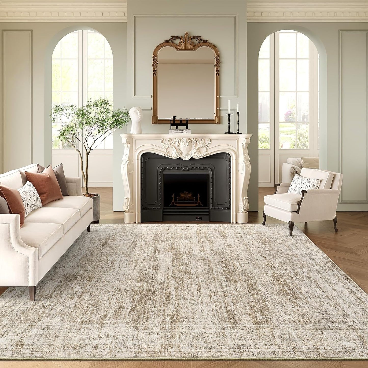 Washable Area Rug 8x10, Large Soft Rugs for Living Room Vintage Beige Carpet 8x10 Area Rugs for Bedroom Dining Room Non-Slip Stain Resistant Under Table Rug