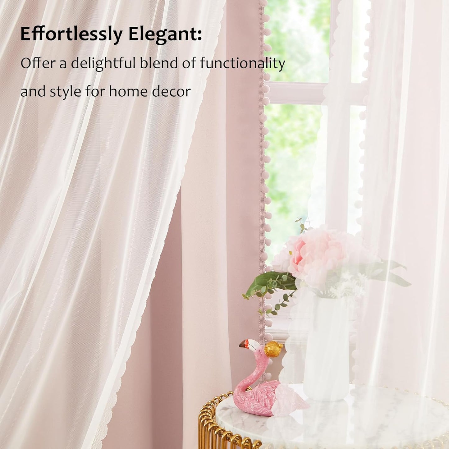 Pink Blackout Curtains with Sheer Overlay for Bedroom, Mix & Match Double Layer Pom Pom Curtains for Girl Nursery, Living Room, Rod Pocket Thermal Insulated Window Panels with Tiebacks 52W X 84L, 2pcs