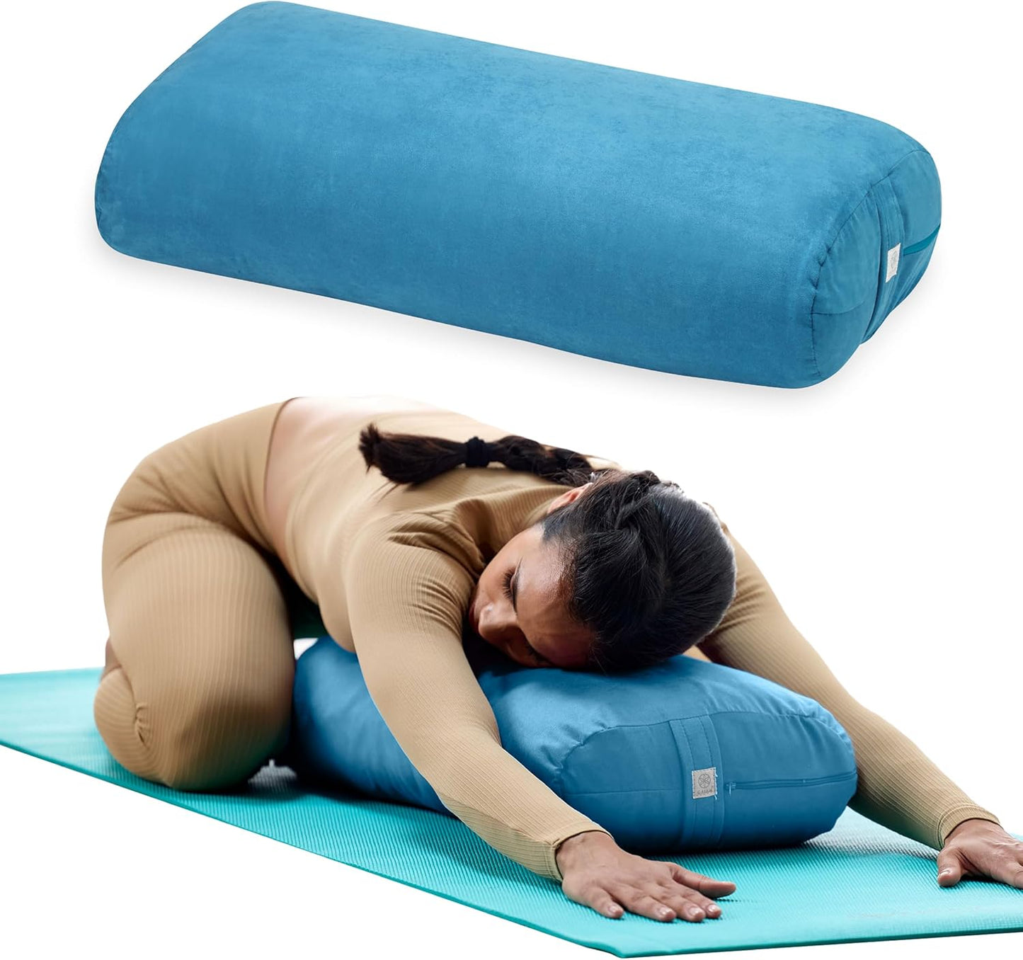Gaiam Round Yoga Bolster Pillow, Soft Meditation Cushion for Yoga, Massage and Back Support, Breathable Cotton Fill, Zippered Microfiber Cover, Easy-Carry Handle, Machine Washable