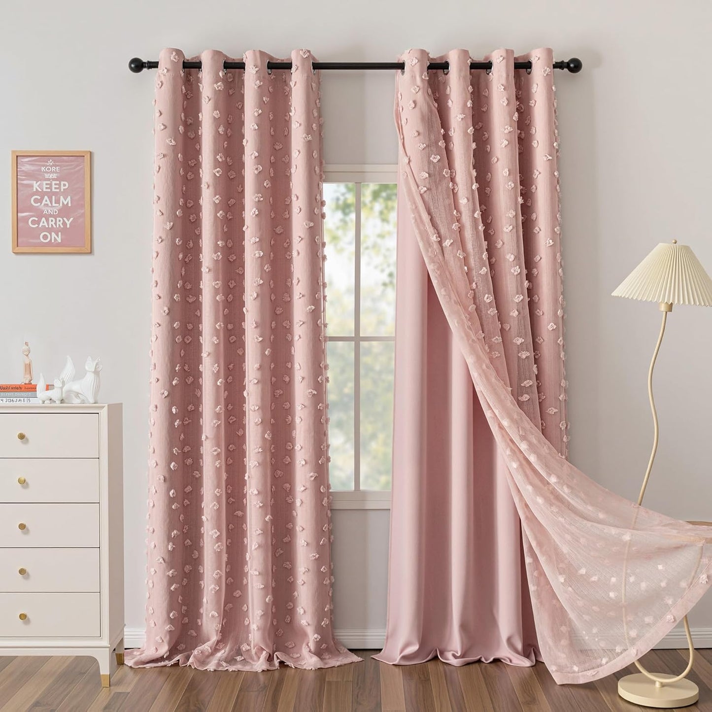 MYSKY HOME Pink Curtains for Girls Bedroom 84 Inches Long Blackout Nursery Curtains Double Layer Pom Pom Sheer Overlay Kids Toddler Room Decor Grommet Privacy Room Darkening Window Drapes 52 x 84 Inch