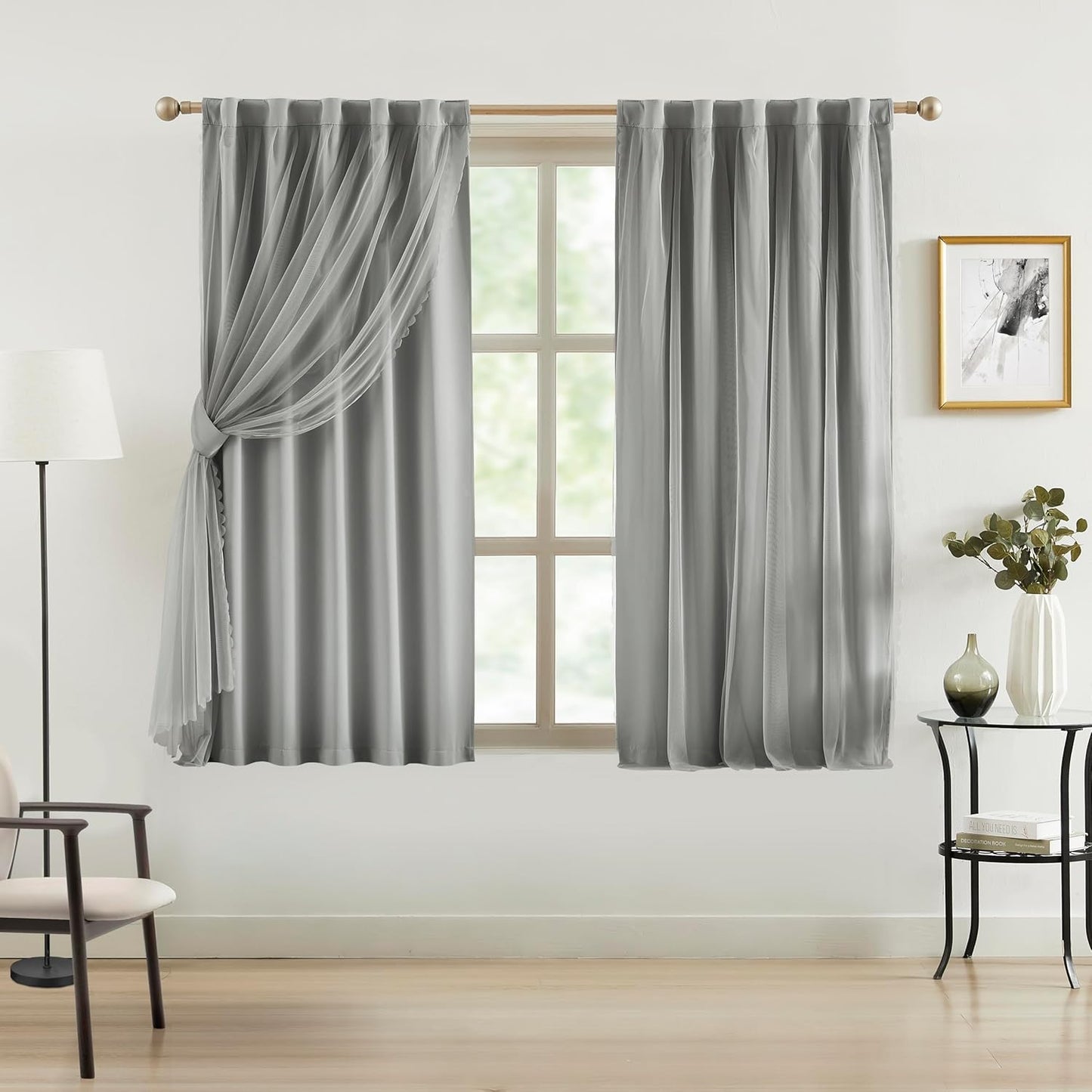 Bujasso Pink Blackout Curtains with Sheer Overlay Mix and Match Double Layer 80% Room Darkening Window Treatment Set for Girls Bedroom Pink Drapes with Tiebacks Rod Pocket Back Tab 37" Wx84 Lx2