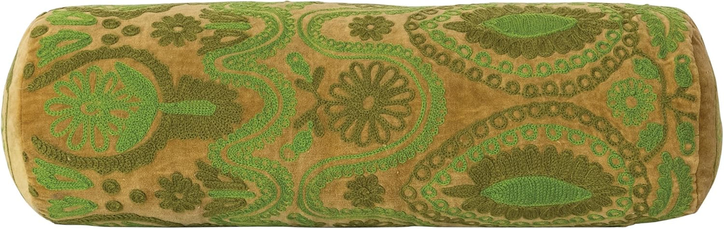 Creative Co-Op Cotton Velvet Embroidered Bolster Pillow, Green