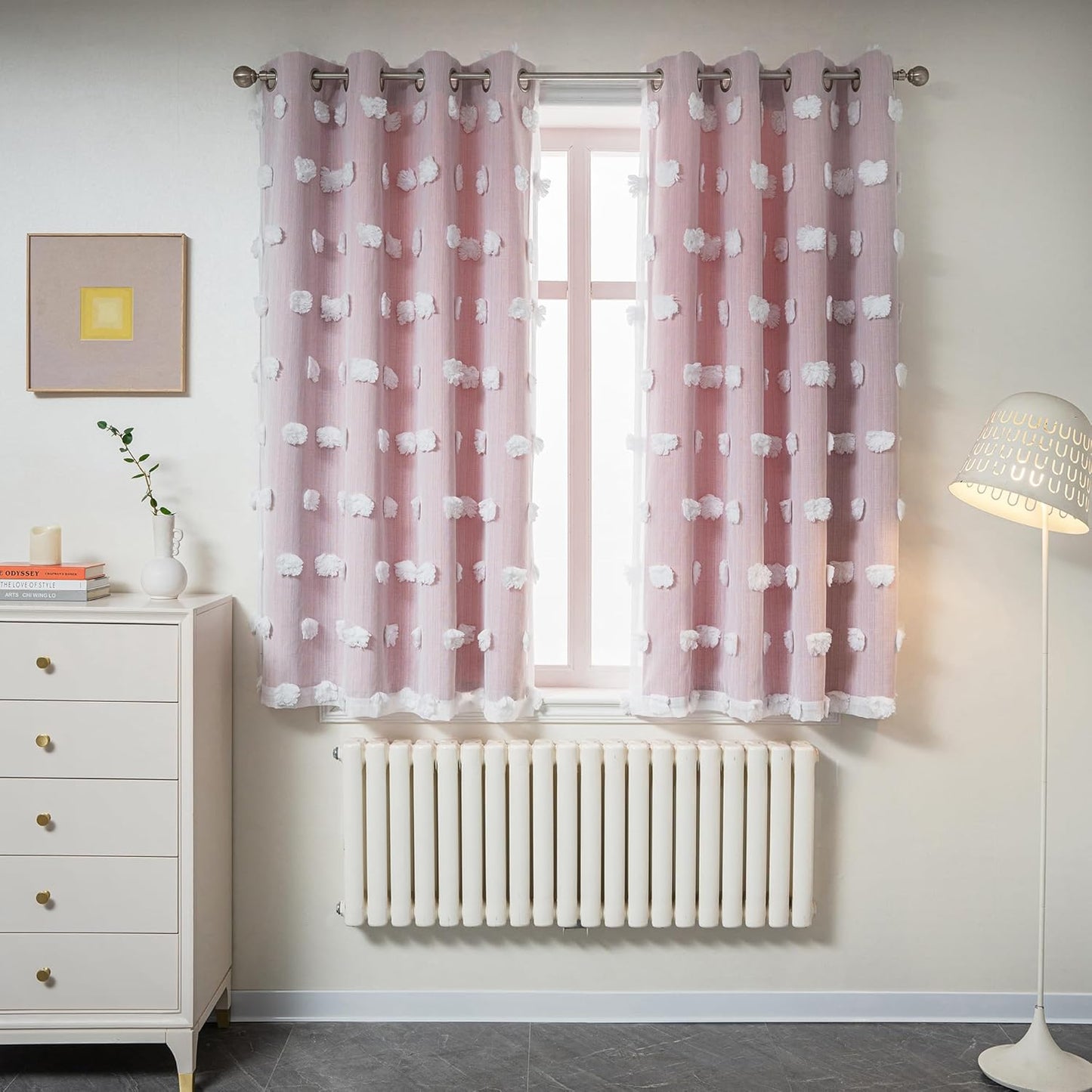 MYSKY HOME Pink Curtains for Girls Bedroom 84 Inches Long Blackout Nursery Curtains Double Layer Pom Pom Sheer Overlay Kids Toddler Room Decor Grommet Privacy Room Darkening Window Drapes 52 x 84 Inch