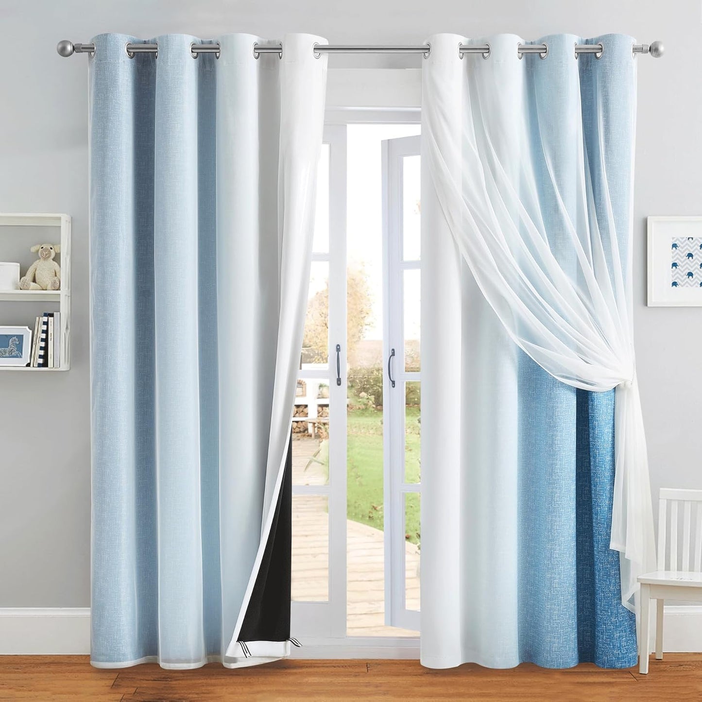 100% Blackout Curtains with Sheer Overlay Mix and Match Double Layer Drapes 84 Inch Long 2 Panels for Bedroom Living Room Pink White Ombre Grommet Window Treatment with Tiebacks