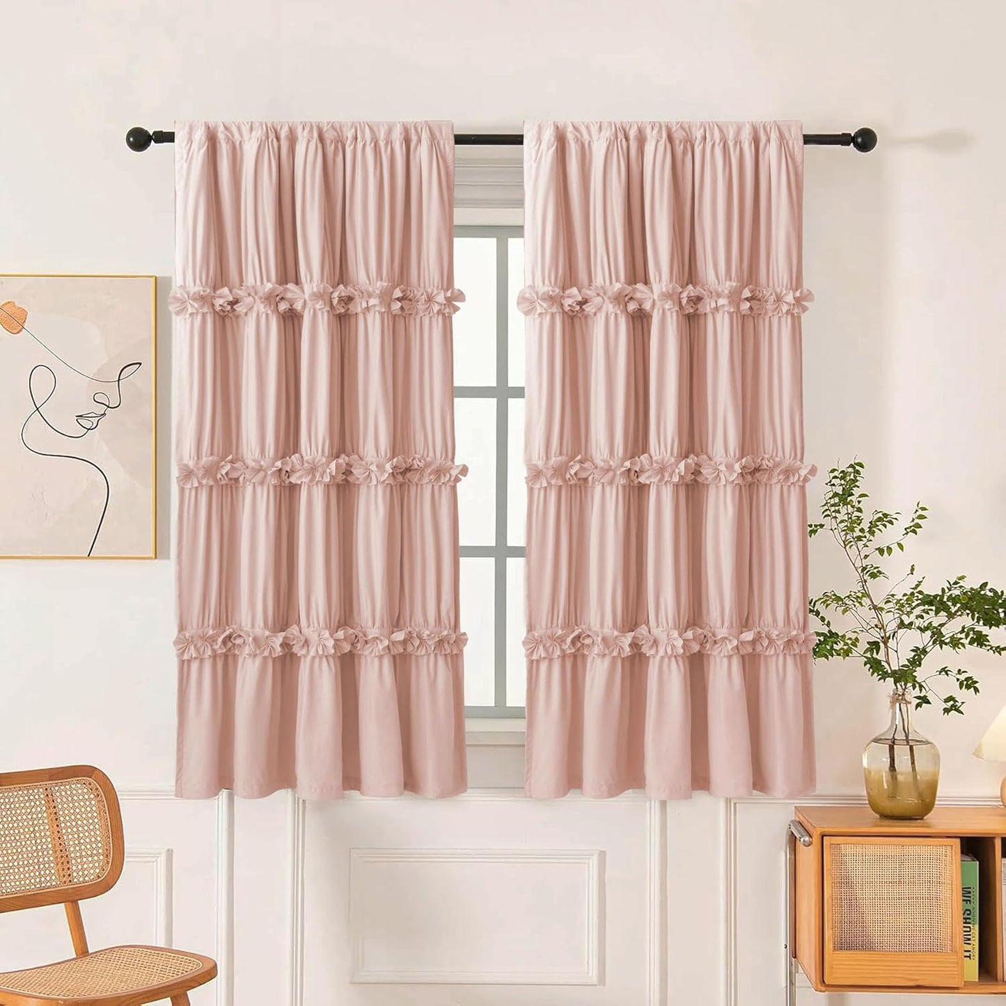 Thermal Insulated Blackout Window Curtains, 54" W x 84" L x 2 Panels, Boho Ruched Window Treatments with 3 Rows of Butterfly Flowers, Rustic Rod Pocket Drapes, Peach Pink (LQ-30)