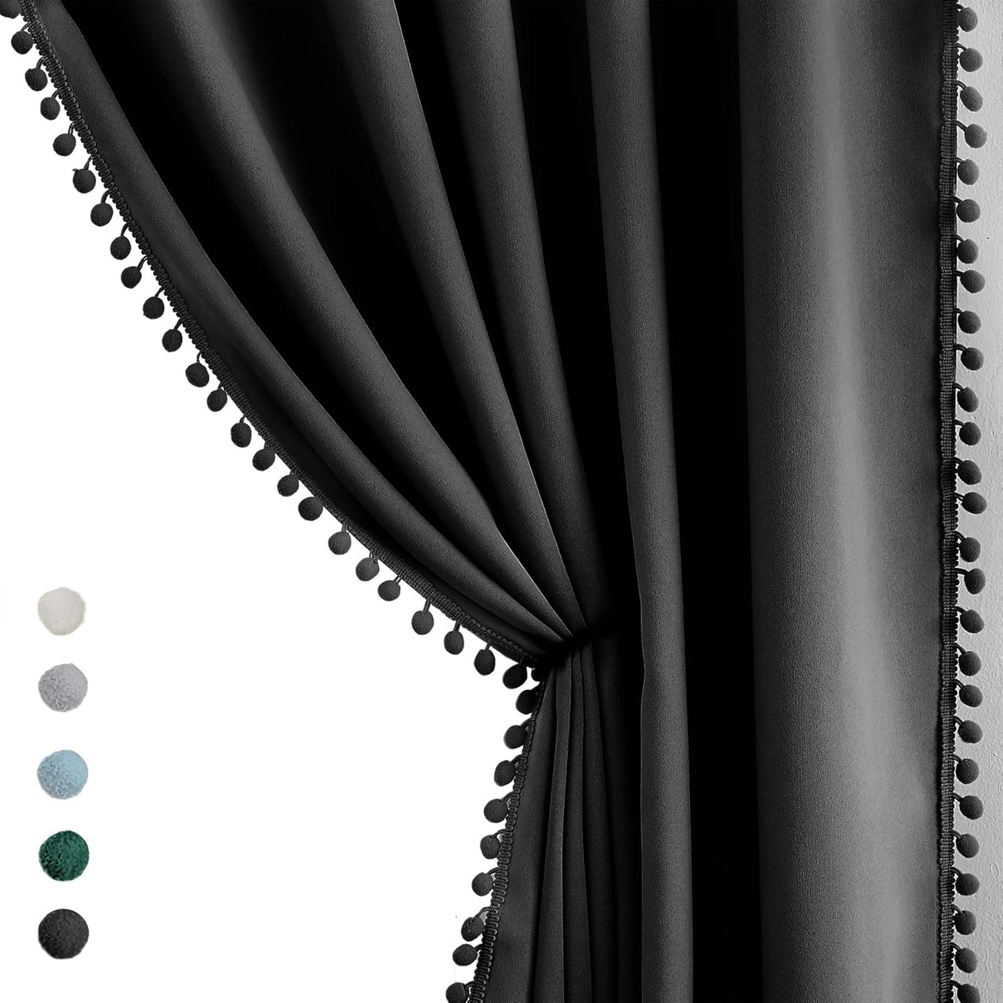 Pink Blackout Curtains with Sheer Overlay for Bedroom, Mix & Match Double Layer Pom Pom Curtains for Girl Nursery, Living Room, Rod Pocket Thermal Insulated Window Panels with Tiebacks 52W X 84L, 2pcs