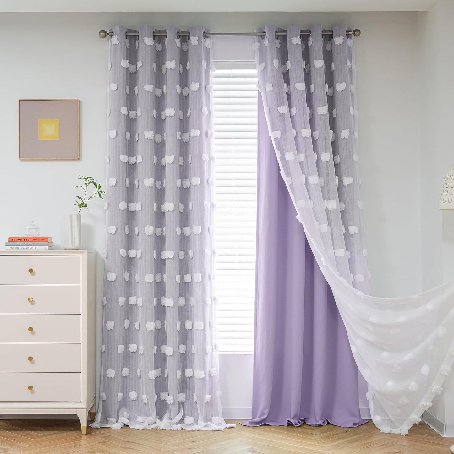 MYSKY HOME Pink Curtains for Girls Bedroom 84 Inches Long Blackout Nursery Curtains Double Layer Pom Pom Sheer Overlay Kids Toddler Room Decor Grommet Privacy Room Darkening Window Drapes 52 x 84 Inch