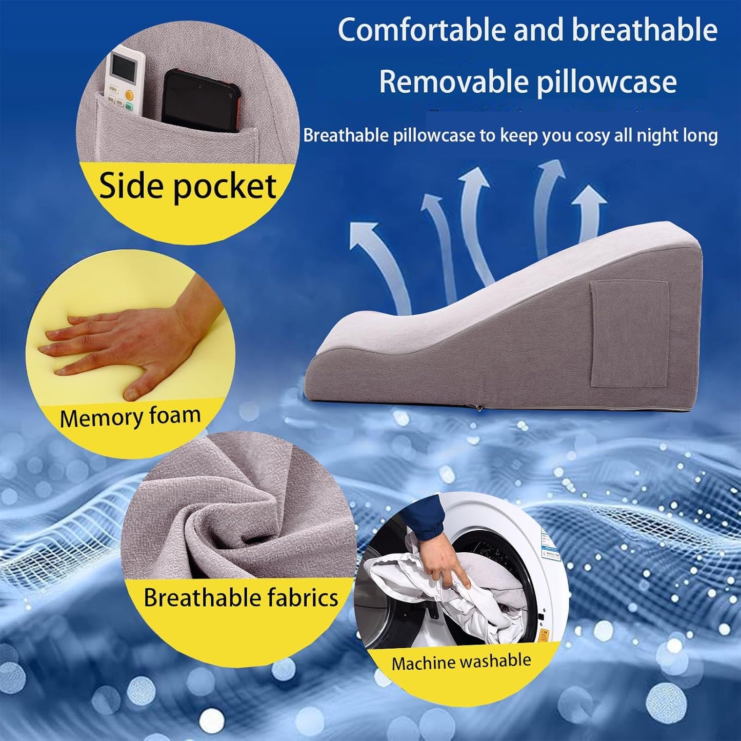 Bed Reading Pillow - Sofa Bed Wedge Pillow - Post-Op Recovery Backrest Pillow - Working Lumbar Support Reading Pillow with Removable Pillowcase Light Grey 27x20x12in