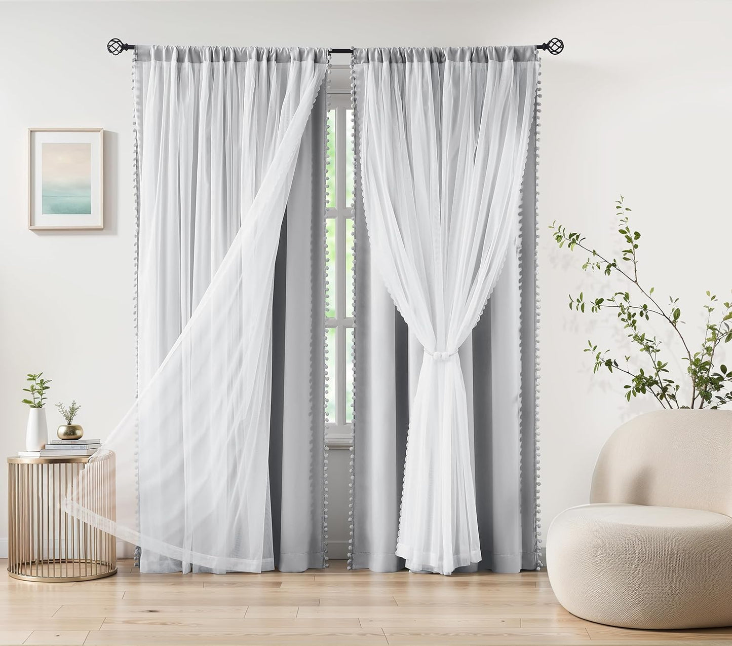 Pink Blackout Curtains with Sheer Overlay for Bedroom, Mix & Match Double Layer Pom Pom Curtains for Girl Nursery, Living Room, Rod Pocket Thermal Insulated Window Panels with Tiebacks 52W X 84L, 2pcs
