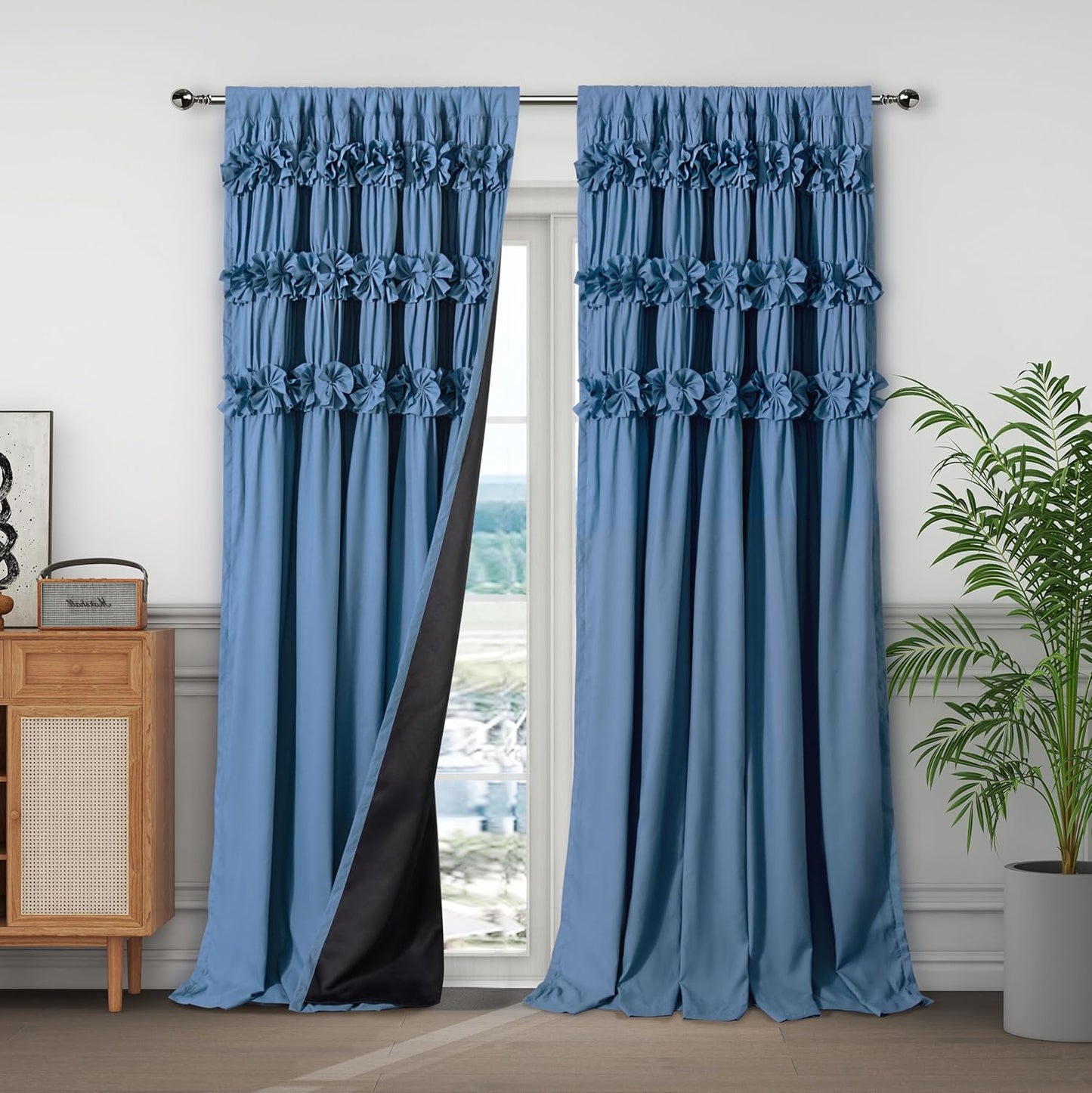 Luxurious Peach Pink Blackout Curtains with 3 Rows of Handmade Butterfly Flower Ruffles, Room Darkening and Soundproof Window Curtain 54" x 84", 2 Panels, Machine Washable (LQ-37)