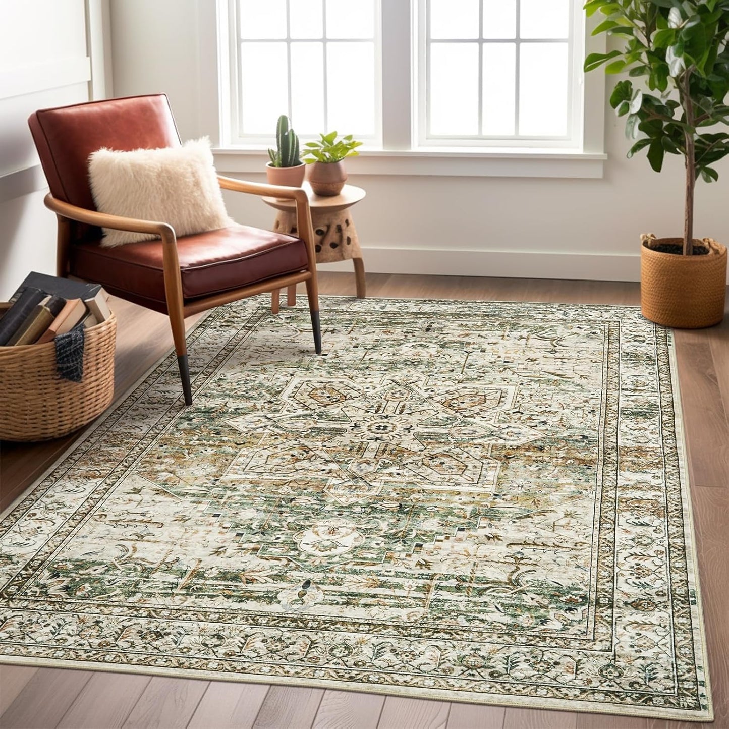 Washable Area Rug 8x10, Large Soft Rugs for Living Room Vintage Beige Carpet 8x10 Area Rugs for Bedroom Dining Room Non-Slip Stain Resistant Under Table Rug