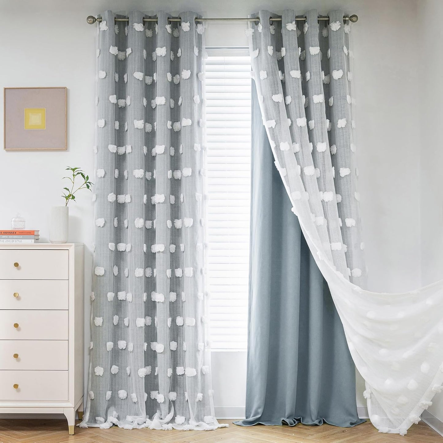 MYSKY HOME Pink Curtains for Girls Bedroom 84 Inches Long Blackout Nursery Curtains Double Layer Pom Pom Sheer Overlay Kids Toddler Room Decor Grommet Privacy Room Darkening Window Drapes 52 x 84 Inch