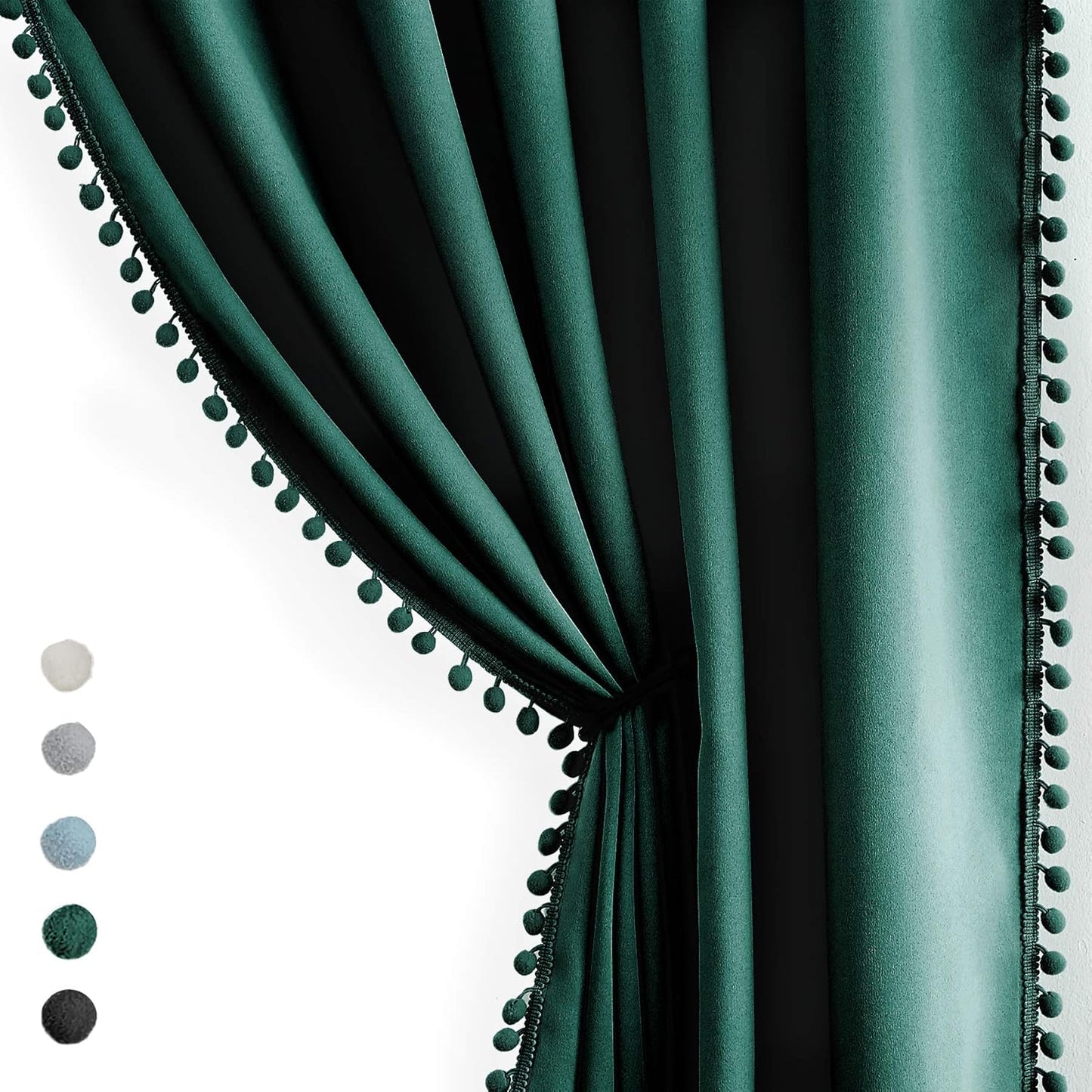 Pink Blackout Curtains with Sheer Overlay for Bedroom, Mix & Match Double Layer Pom Pom Curtains for Girl Nursery, Living Room, Rod Pocket Thermal Insulated Window Panels with Tiebacks 52W X 84L, 2pcs