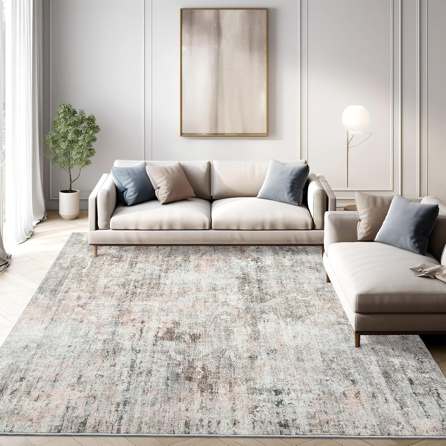 Washable Area Rug 8x10, Large Soft Rugs for Living Room Vintage Beige Carpet 8x10 Area Rugs for Bedroom Dining Room Non-Slip Stain Resistant Under Table Rug