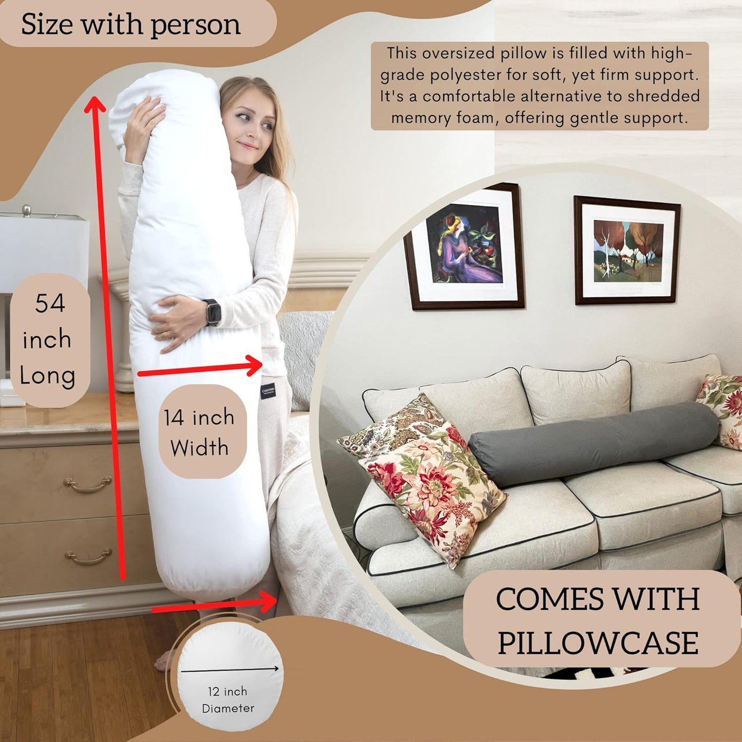 King Size Extra Long Round Body Pillow - 54x12 Bolster Pillow for Bed Extra Soft Body Pillow with Removable Pillowcase, Maternity Pillow - Grey