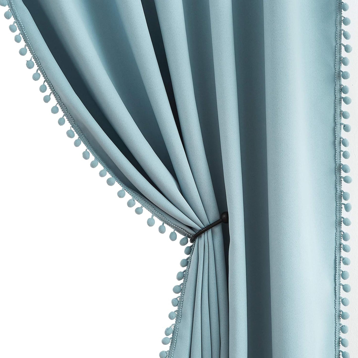 Pink Blackout Curtains with Sheer Overlay for Bedroom, Mix & Match Double Layer Pom Pom Curtains for Girl Nursery, Living Room, Rod Pocket Thermal Insulated Window Panels with Tiebacks 52W X 84L, 2pcs