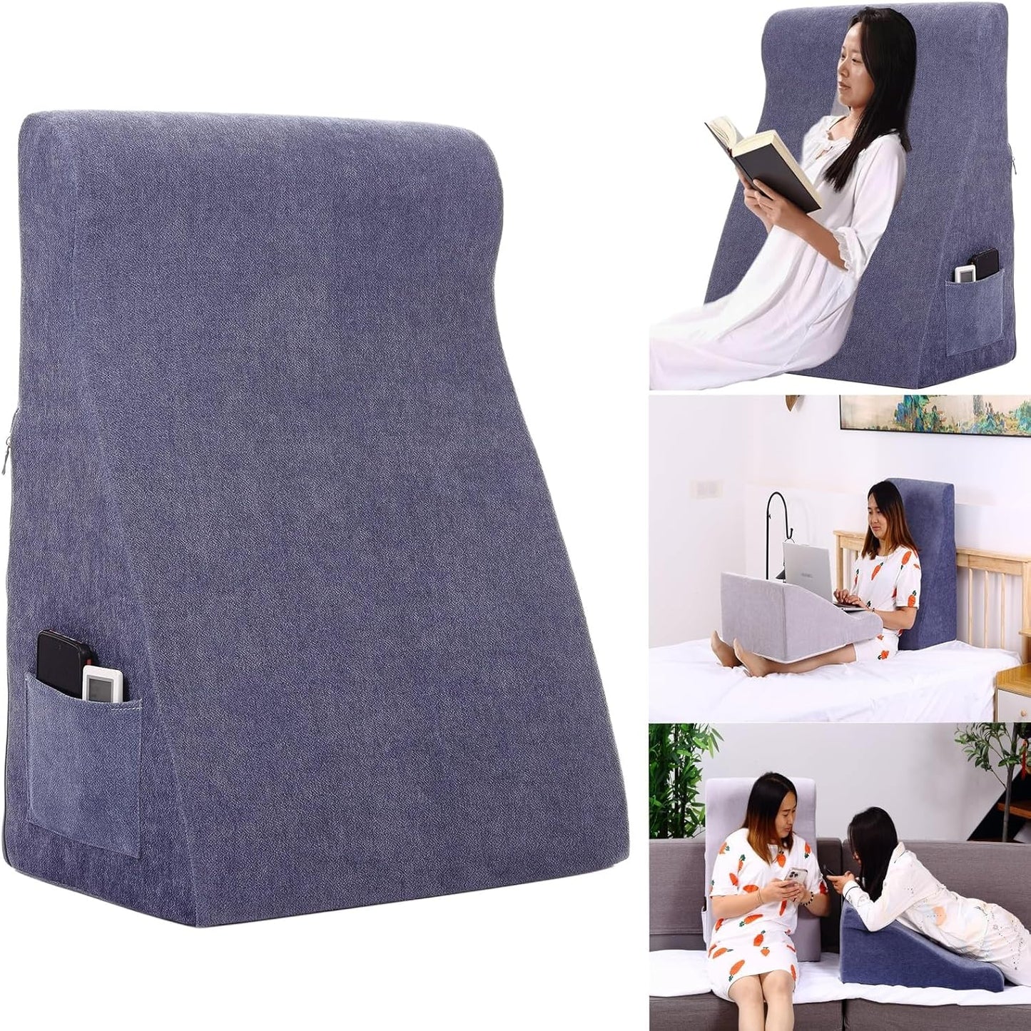 Bed Reading Pillow - Sofa Bed Wedge Pillow - Post-Op Recovery Backrest Pillow - Working Lumbar Support Reading Pillow with Removable Pillowcase Light Grey 27x20x12in