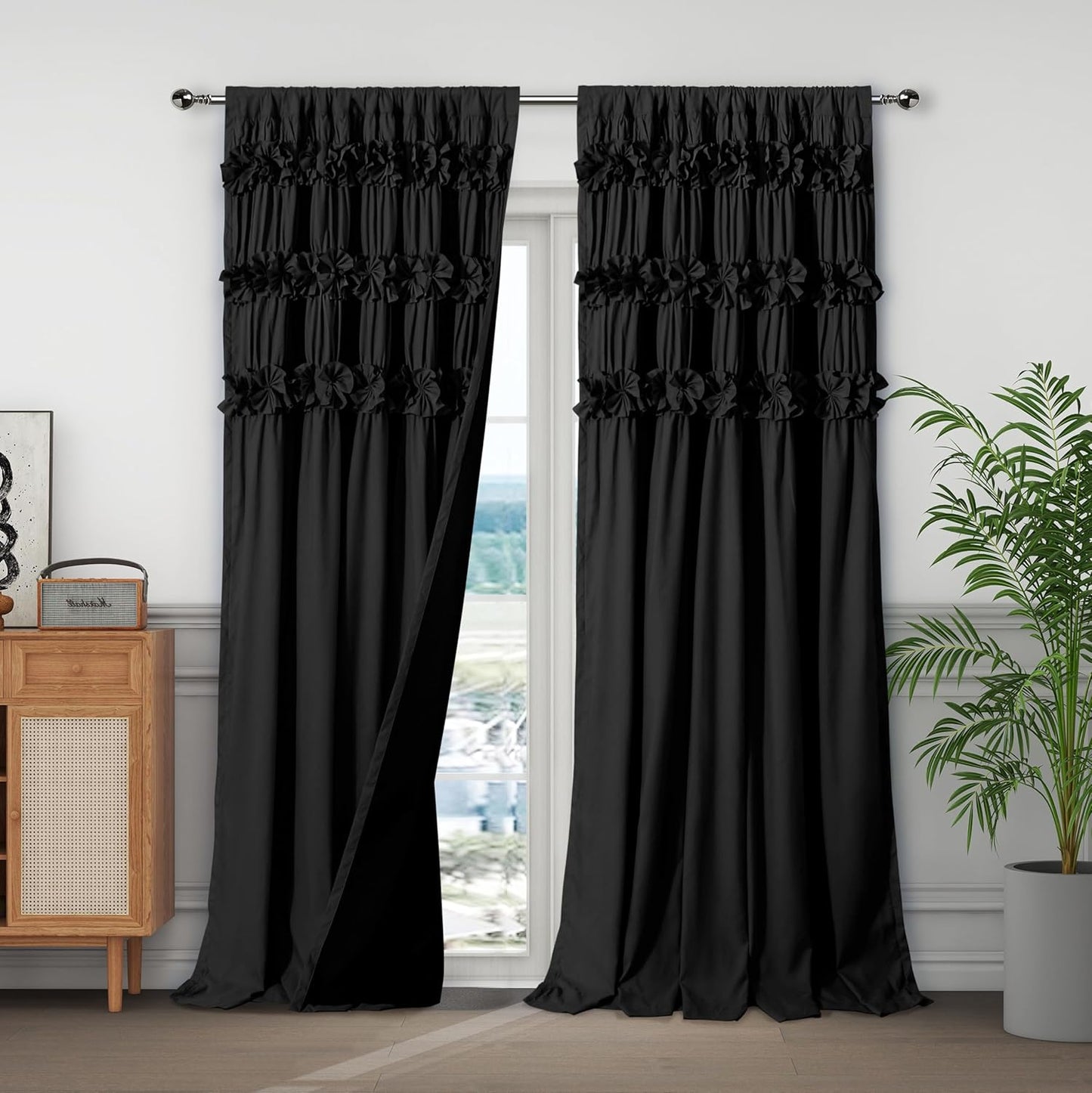 Luxurious Peach Pink Blackout Curtains with 3 Rows of Handmade Butterfly Flower Ruffles, Room Darkening and Soundproof Window Curtain 54" x 84", 2 Panels, Machine Washable (LQ-37)