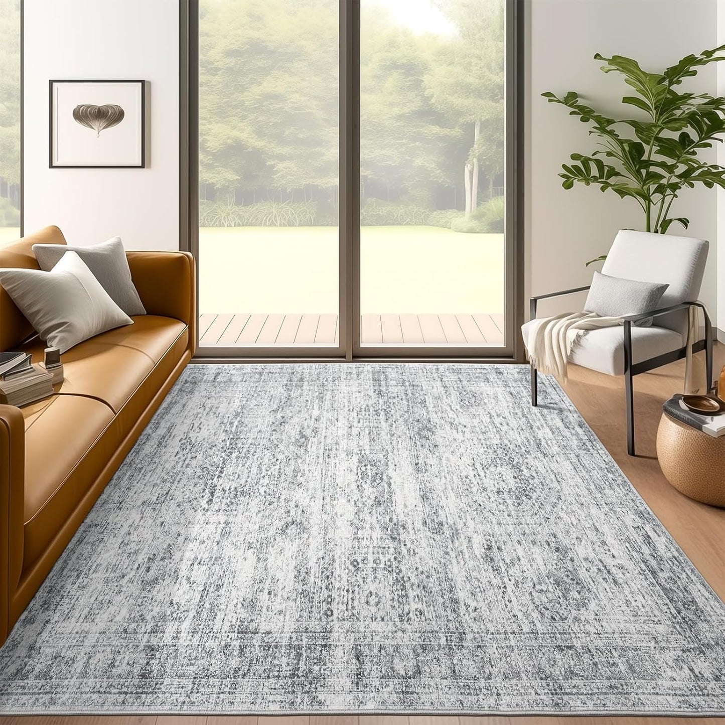 Washable Area Rug 8x10, Large Soft Rugs for Living Room Vintage Beige Carpet 8x10 Area Rugs for Bedroom Dining Room Non-Slip Stain Resistant Under Table Rug