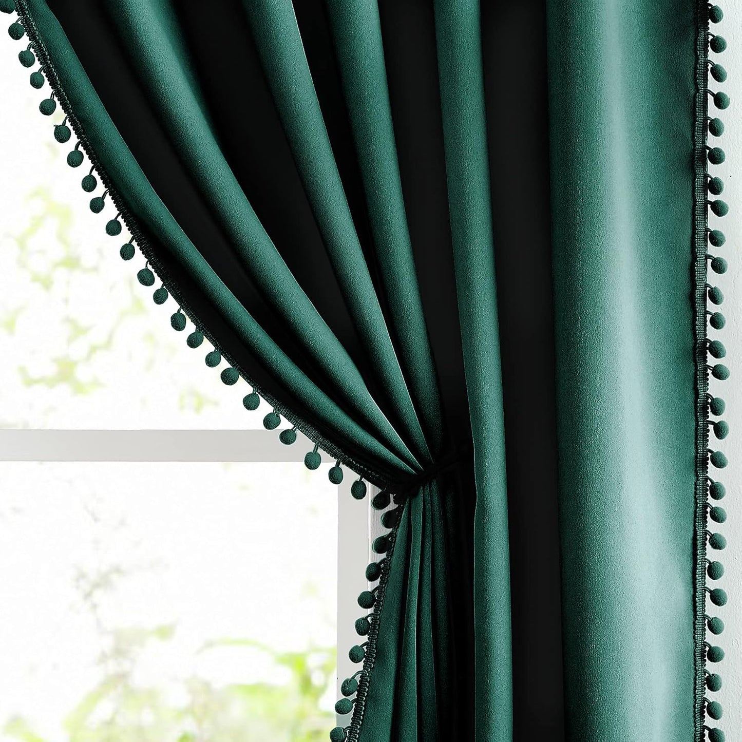 Pink Blackout Curtains with Sheer Overlay for Bedroom, Mix & Match Double Layer Pom Pom Curtains for Girl Nursery, Living Room, Rod Pocket Thermal Insulated Window Panels with Tiebacks 52W X 84L, 2pcs