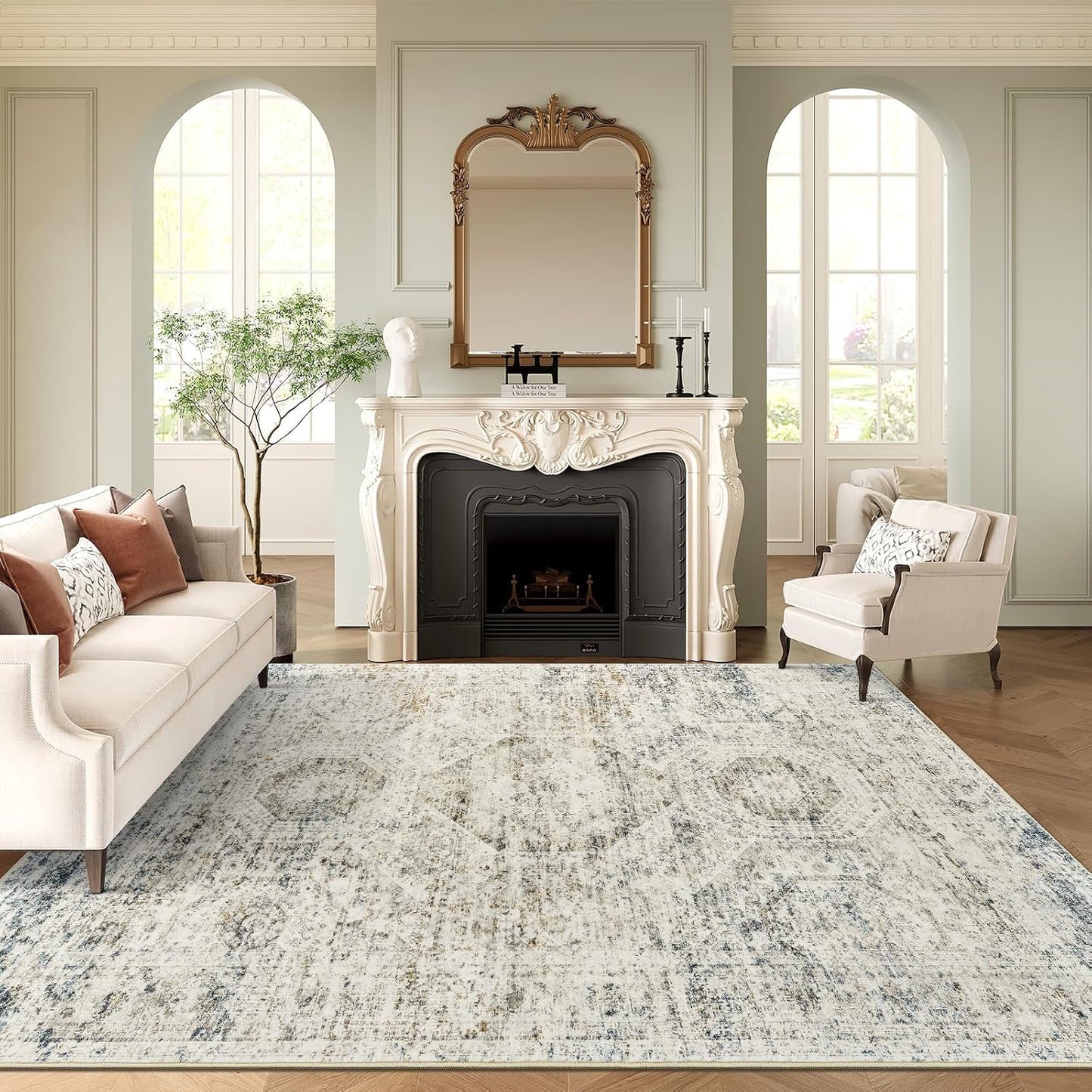 Washable Area Rug 8x10, Large Soft Rugs for Living Room Vintage Beige Carpet 8x10 Area Rugs for Bedroom Dining Room Non-Slip Stain Resistant Under Table Rug