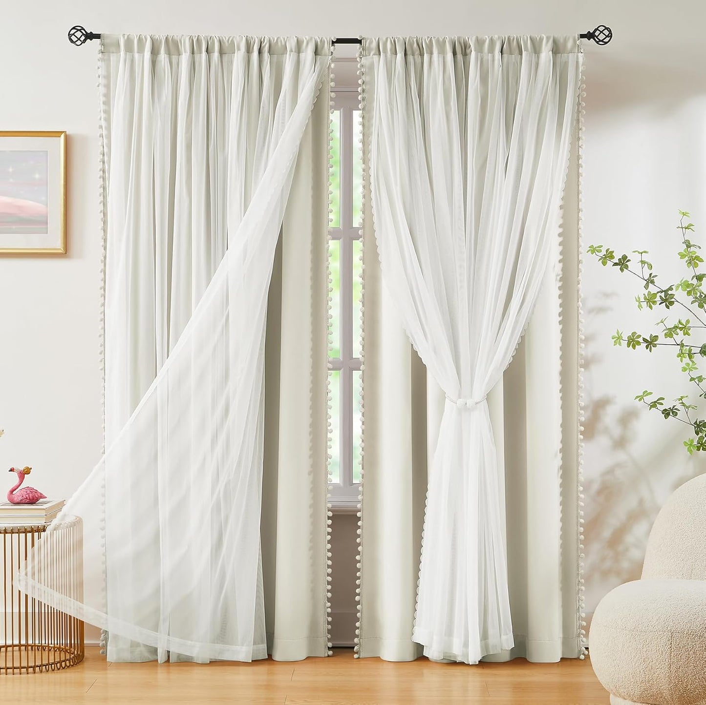 Pink Blackout Curtains with Sheer Overlay for Bedroom, Mix & Match Double Layer Pom Pom Curtains for Girl Nursery, Living Room, Rod Pocket Thermal Insulated Window Panels with Tiebacks 52W X 84L, 2pcs