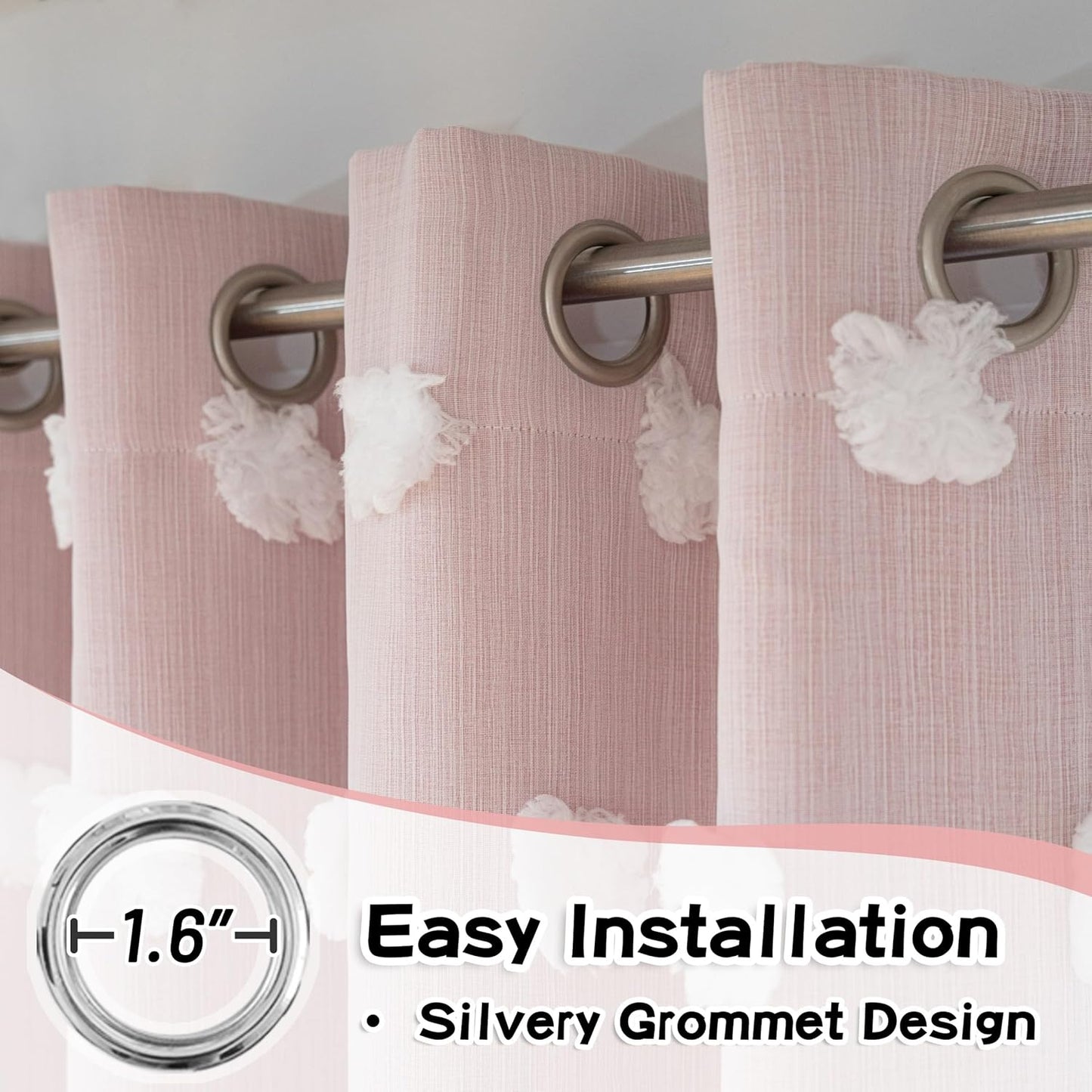 MYSKY HOME Pink Curtains for Girls Bedroom 84 Inches Long Blackout Nursery Curtains Double Layer Pom Pom Sheer Overlay Kids Toddler Room Decor Grommet Privacy Room Darkening Window Drapes 52 x 84 Inch