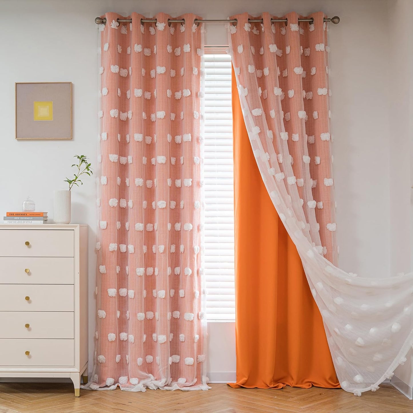 MYSKY HOME Pink Curtains for Girls Bedroom 84 Inches Long Blackout Nursery Curtains Double Layer Pom Pom Sheer Overlay Kids Toddler Room Decor Grommet Privacy Room Darkening Window Drapes 52 x 84 Inch