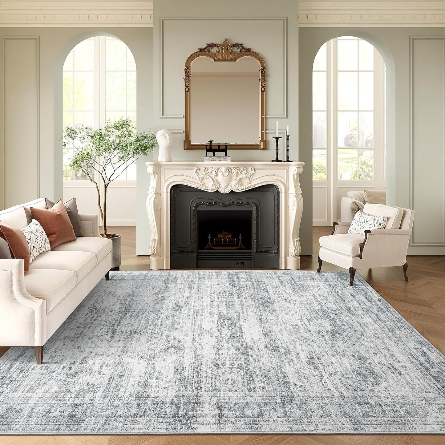 Washable Area Rug 8x10, Large Soft Rugs for Living Room Vintage Beige Carpet 8x10 Area Rugs for Bedroom Dining Room Non-Slip Stain Resistant Under Table Rug