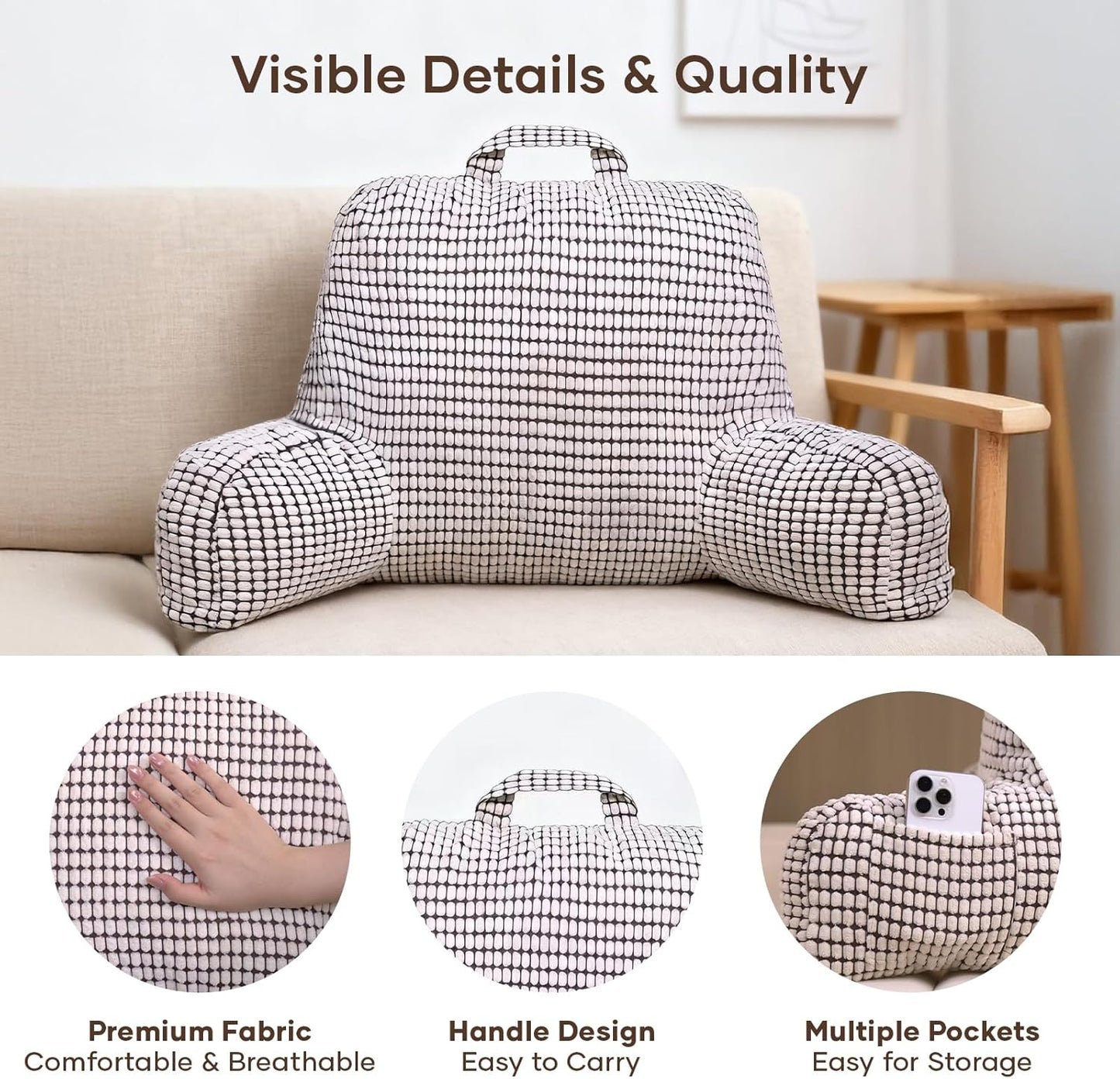 NOONTIDE Reading Pillow with Top Handle,Uniquely Designed Soft Fabric, Ergonomic Back Support for Bed,Cover Washable Sit up Pillow,Watching TV/Gaming/Relaxing(White)