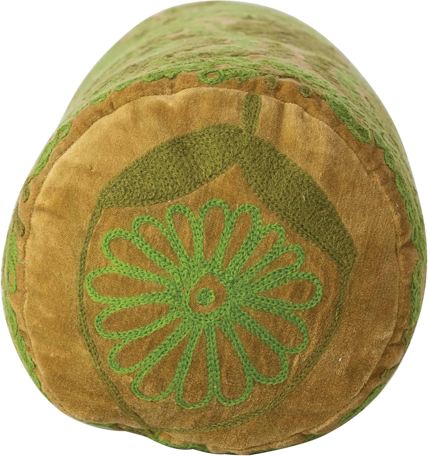 Creative Co-Op Cotton Velvet Embroidered Bolster Pillow, Green