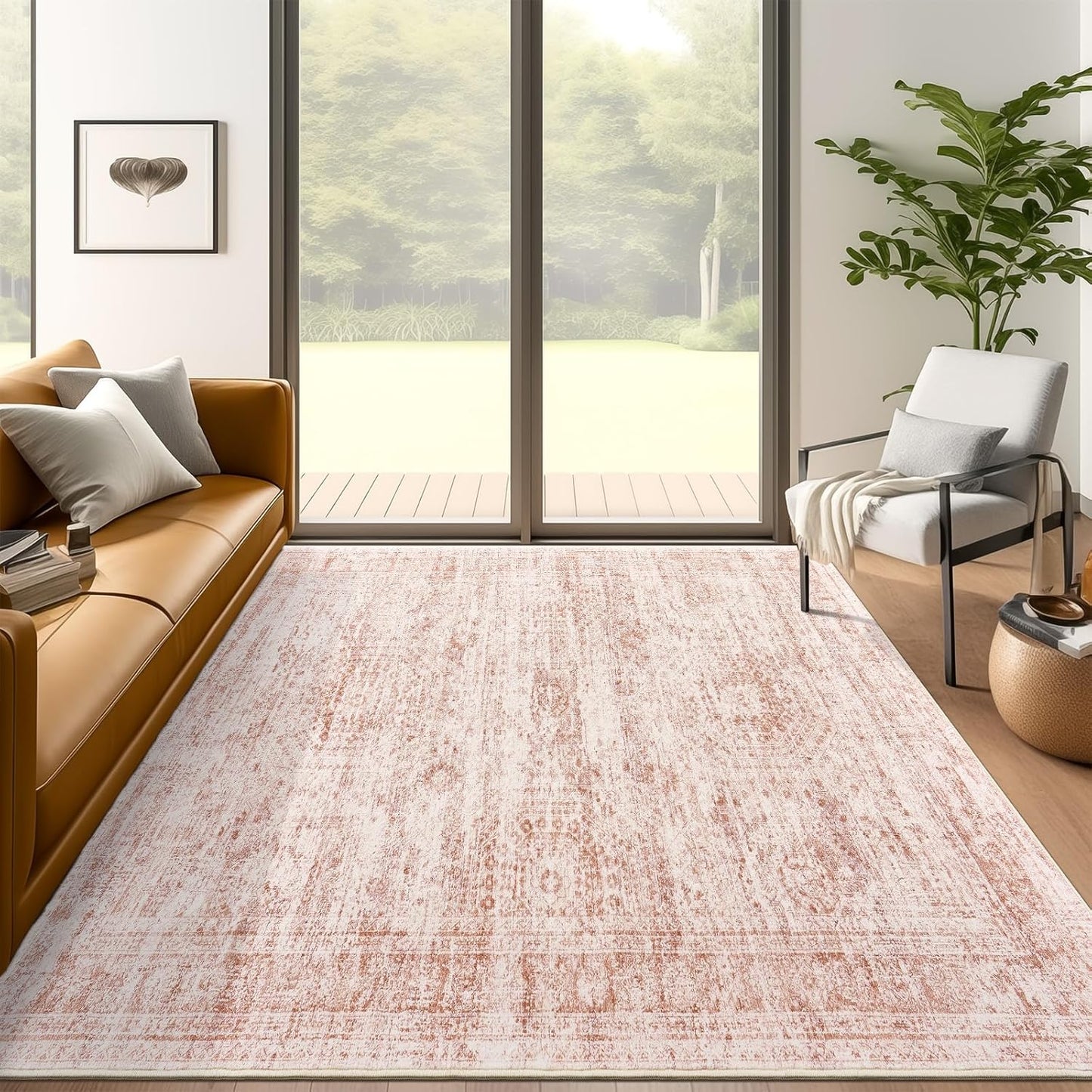 Washable Area Rug 8x10, Large Soft Rugs for Living Room Vintage Beige Carpet 8x10 Area Rugs for Bedroom Dining Room Non-Slip Stain Resistant Under Table Rug