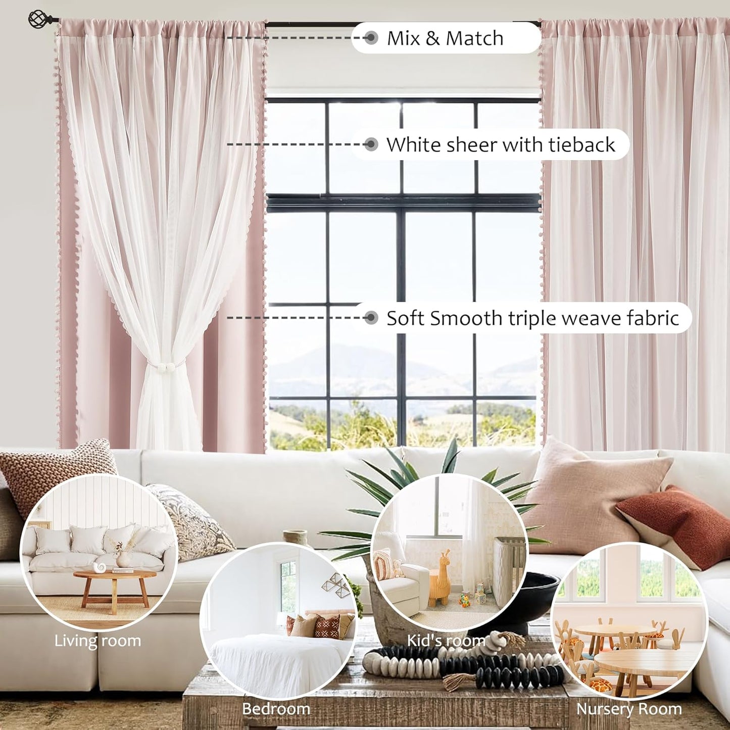 Pink Blackout Curtains with Sheer Overlay for Bedroom, Mix & Match Double Layer Pom Pom Curtains for Girl Nursery, Living Room, Rod Pocket Thermal Insulated Window Panels with Tiebacks 52W X 84L, 2pcs