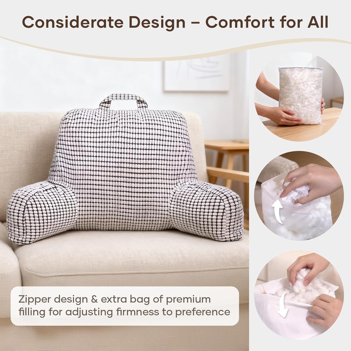 NOONTIDE Reading Pillow with Top Handle,Uniquely Designed Soft Fabric, Ergonomic Back Support for Bed,Cover Washable Sit up Pillow,Watching TV/Gaming/Relaxing(White)