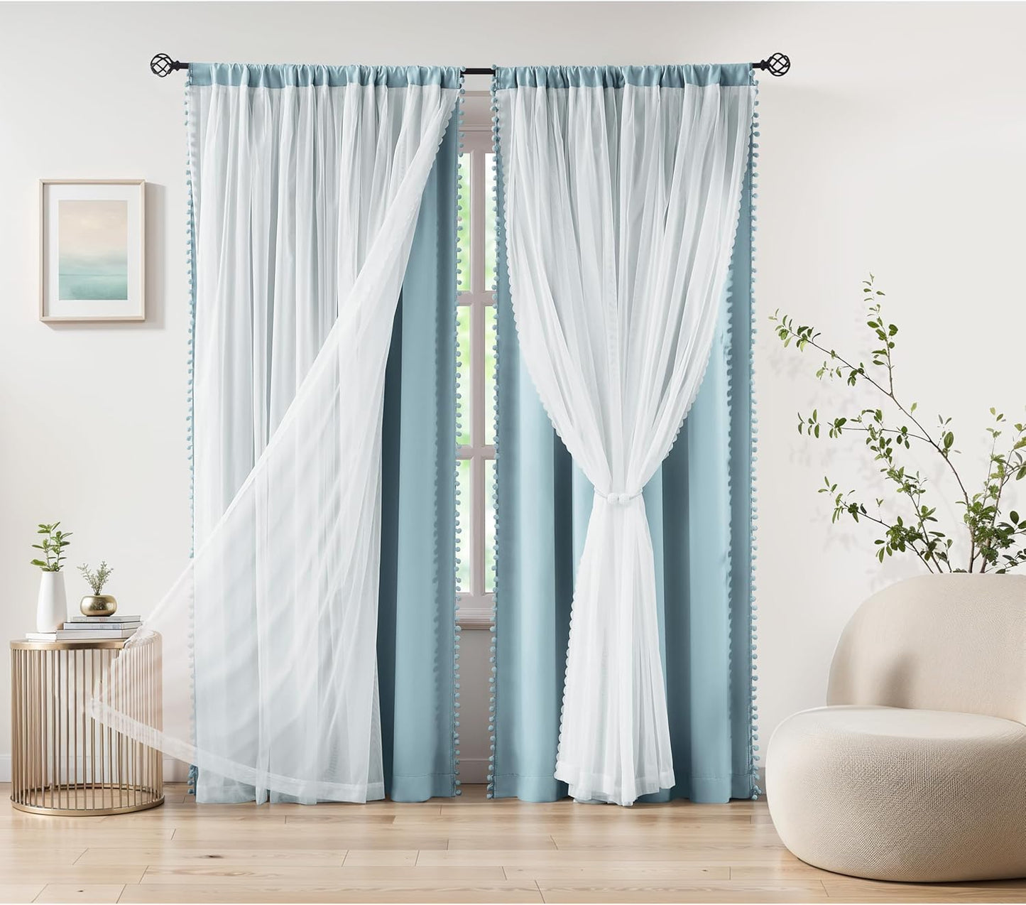 Pink Blackout Curtains with Sheer Overlay for Bedroom, Mix & Match Double Layer Pom Pom Curtains for Girl Nursery, Living Room, Rod Pocket Thermal Insulated Window Panels with Tiebacks 52W X 84L, 2pcs