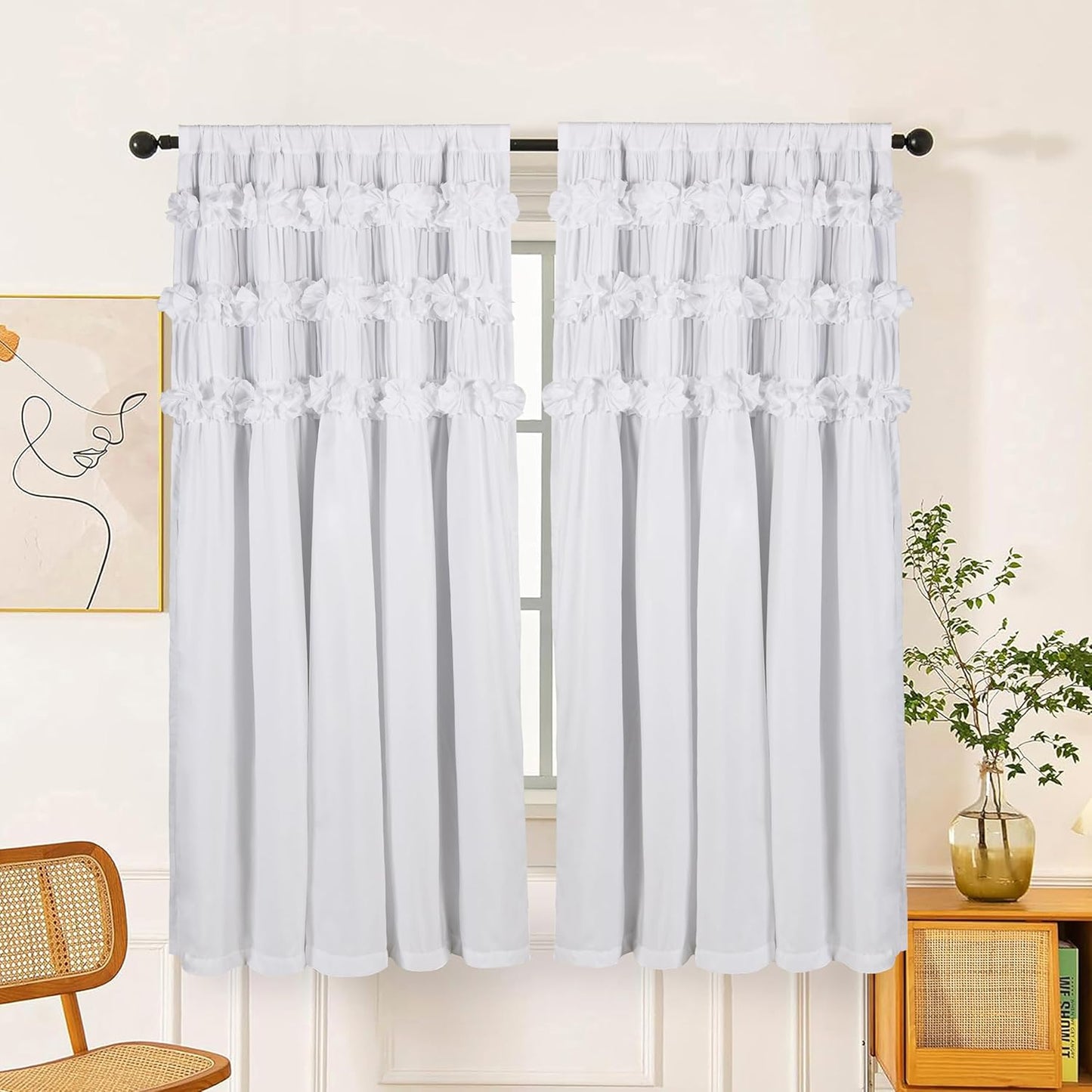Luxurious Peach Pink Blackout Curtains with 3 Rows of Handmade Butterfly Flower Ruffles, Room Darkening and Soundproof Window Curtain 54" x 84", 2 Panels, Machine Washable (LQ-37)