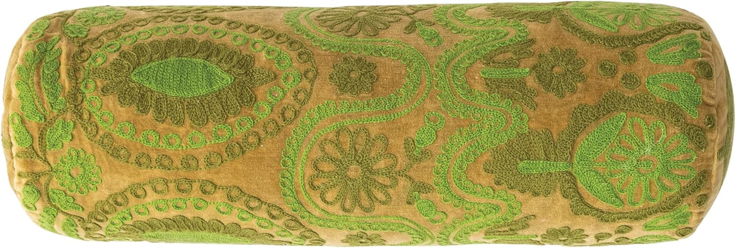 Creative Co-Op Cotton Velvet Embroidered Bolster Pillow, Green
