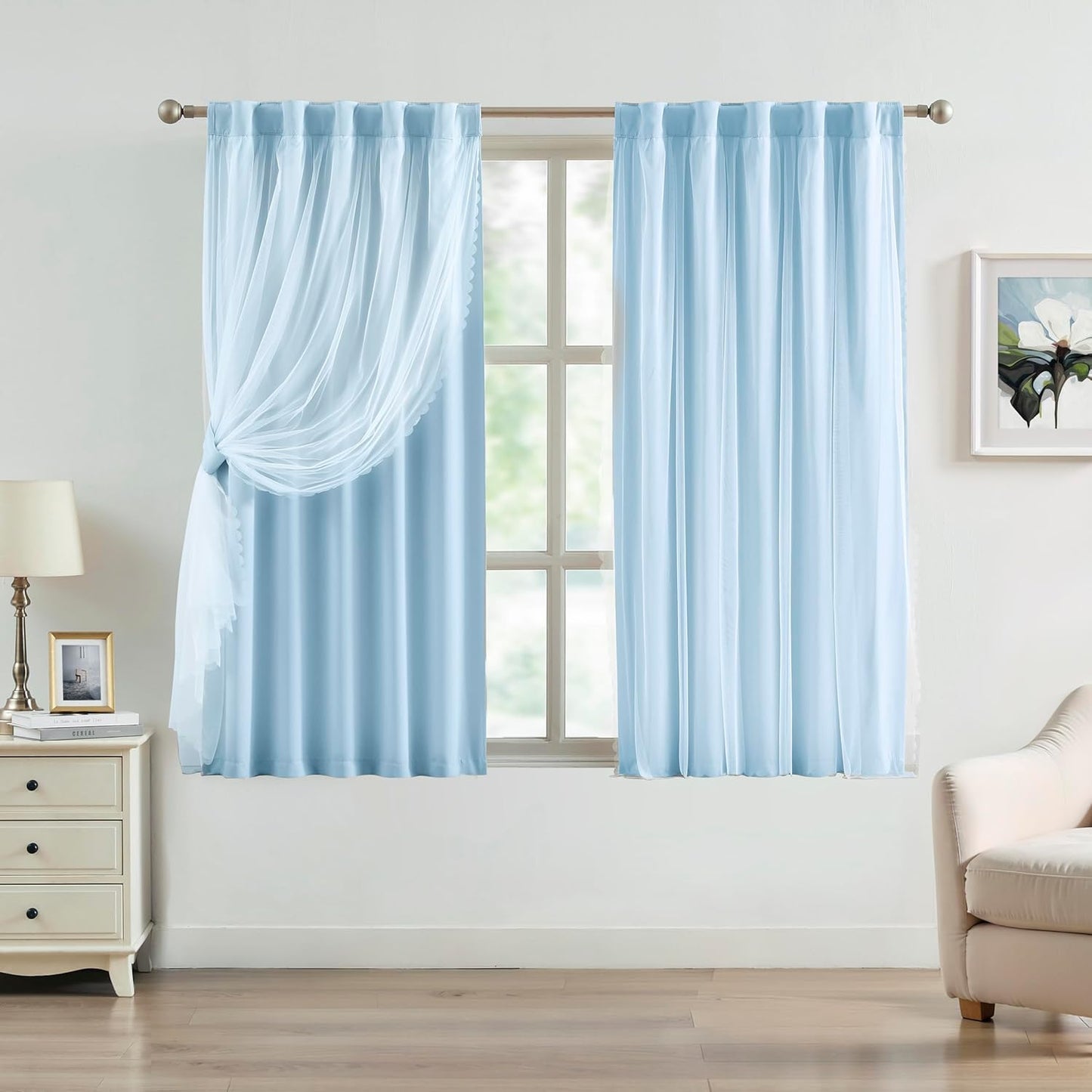 Bujasso Pink Blackout Curtains with Sheer Overlay Mix and Match Double Layer 80% Room Darkening Window Treatment Set for Girls Bedroom Pink Drapes with Tiebacks Rod Pocket Back Tab 37" Wx84 Lx2