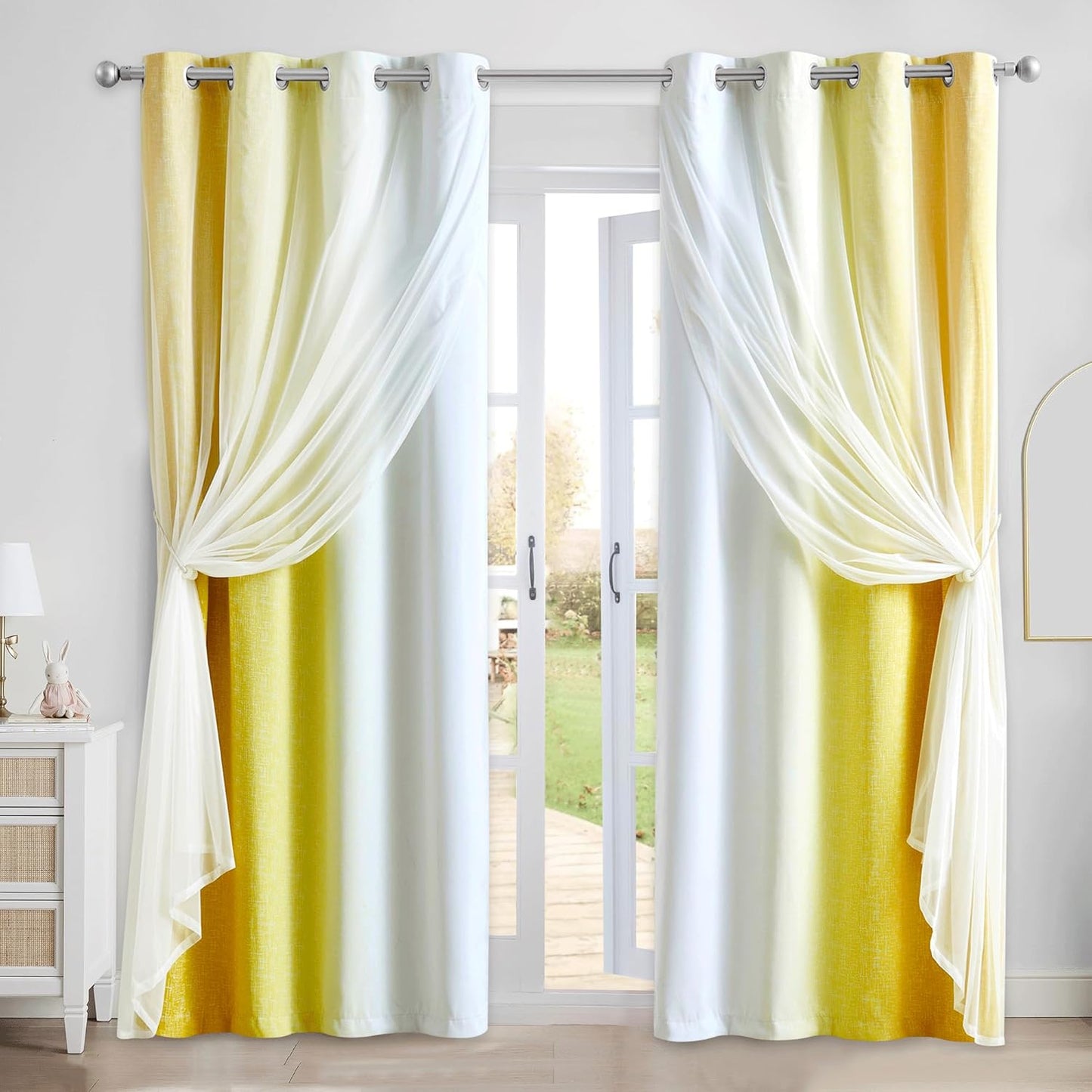 100% Blackout Curtains with Sheer Overlay Mix and Match Double Layer Drapes 84 Inch Long 2 Panels for Bedroom Living Room Pink White Ombre Grommet Window Treatment with Tiebacks