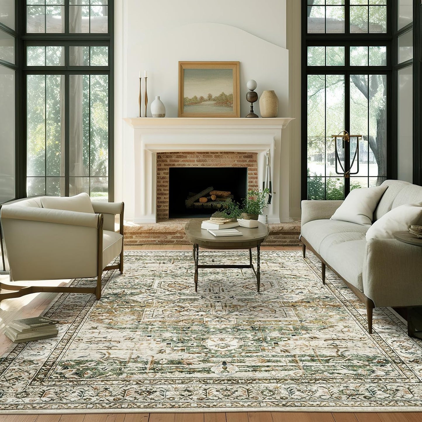 Washable Area Rug 8x10, Large Soft Rugs for Living Room Vintage Beige Carpet 8x10 Area Rugs for Bedroom Dining Room Non-Slip Stain Resistant Under Table Rug