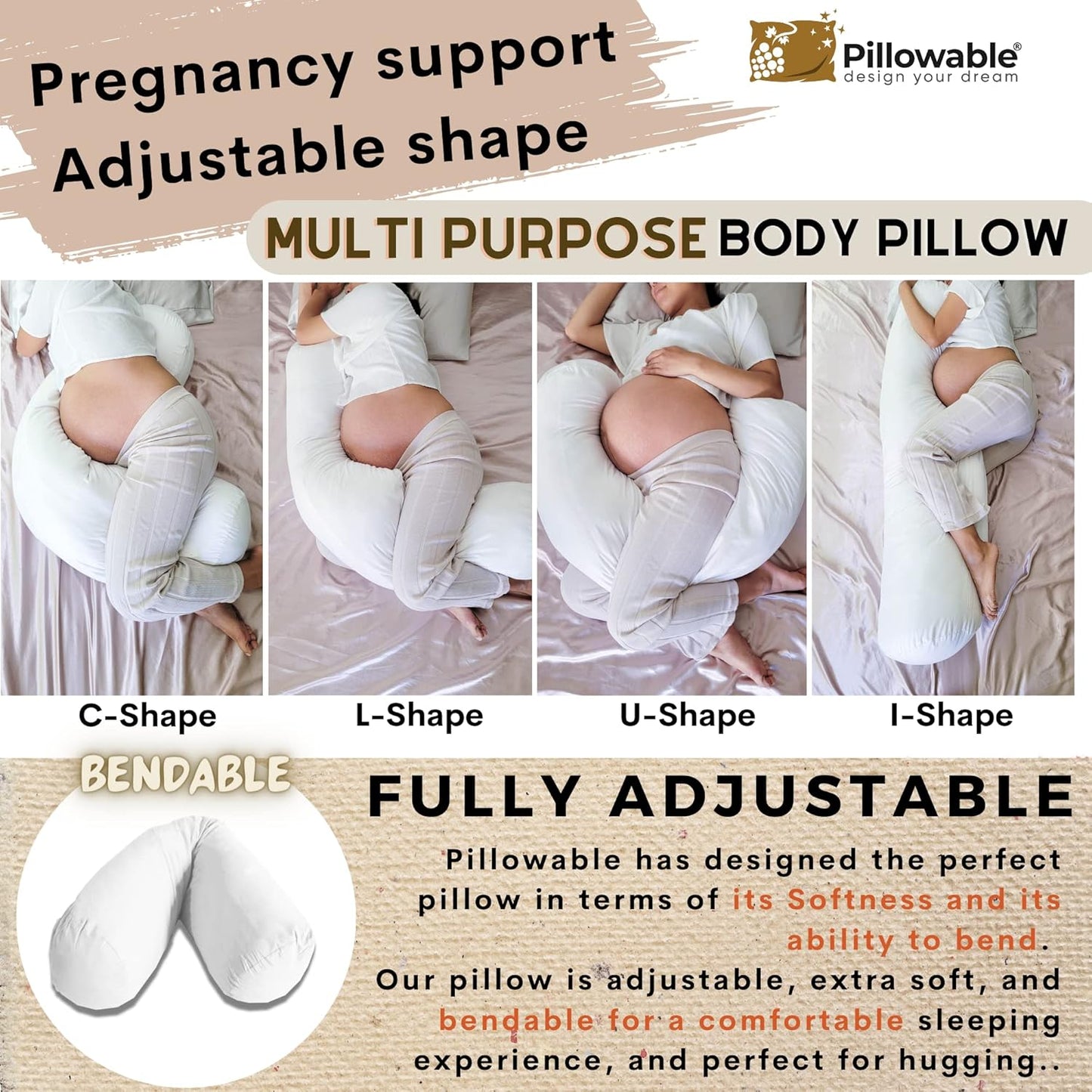 King Size Extra Long Round Body Pillow - 54x12 Bolster Pillow for Bed Extra Soft Body Pillow with Removable Pillowcase, Maternity Pillow - Grey